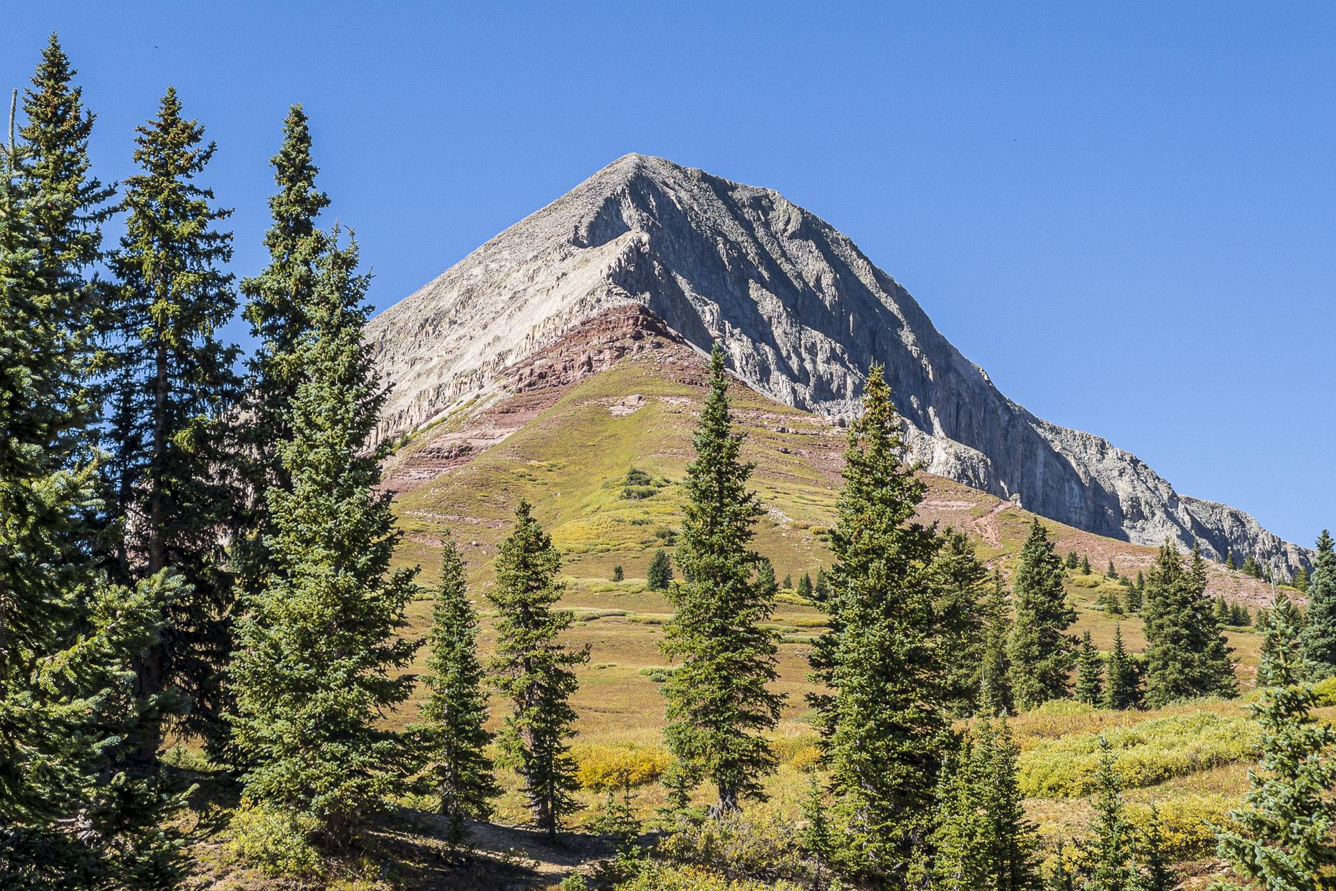 A majestic, rocky mountain peak rises above a foreground of green pine trees.