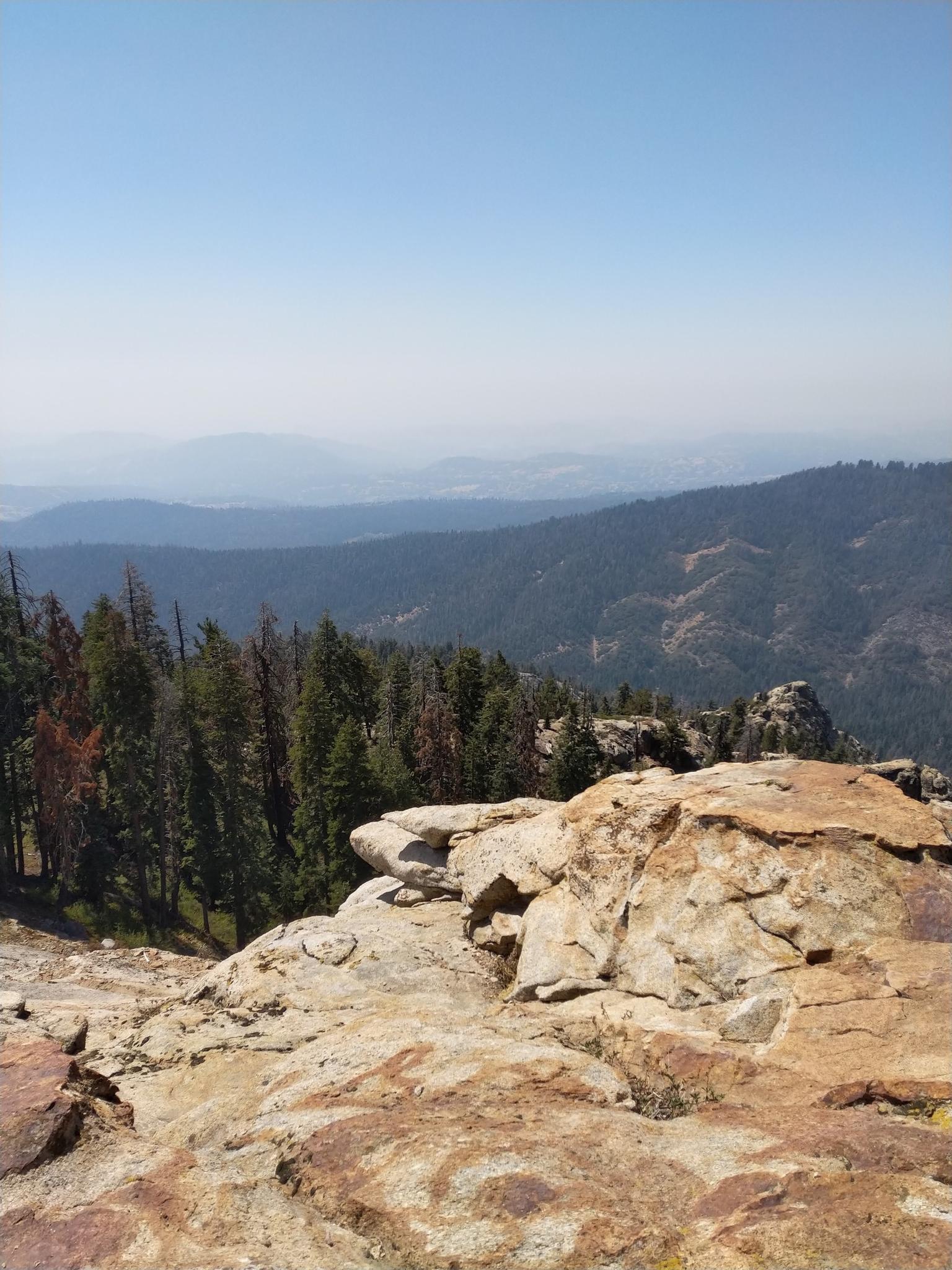 Rocky mountain overlook with a dense forest and hazy distant peaks.