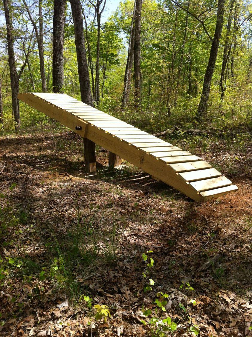 A wooden bike ramp in a sunlit forest with trees and leafy ground.