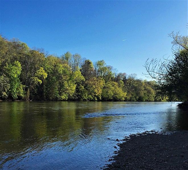 A wide river flows past a forested bank under a clear blue sky.