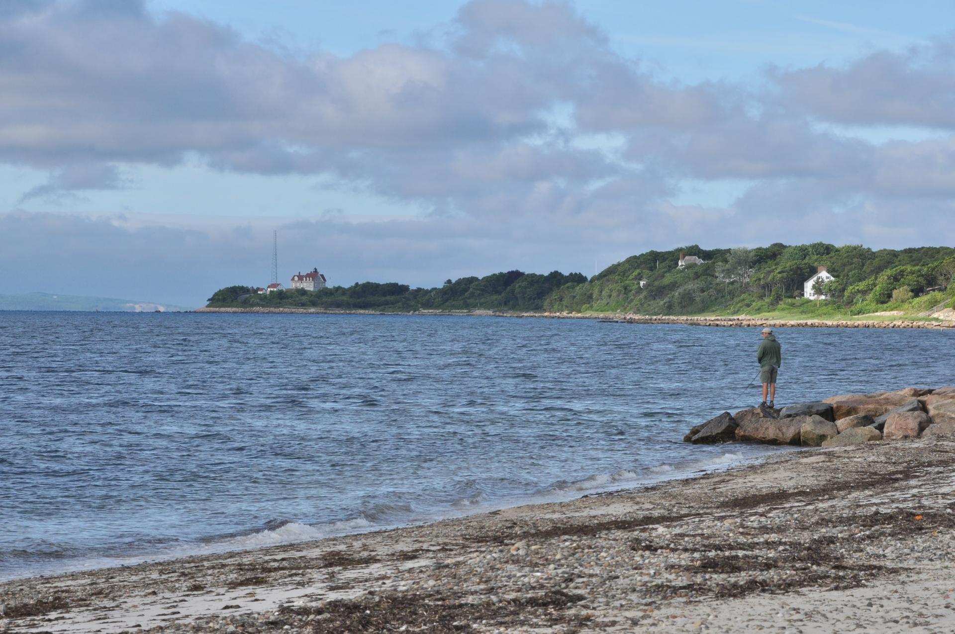 Person stands on rocks by the ocean, with a sandy beach and distant coastline.