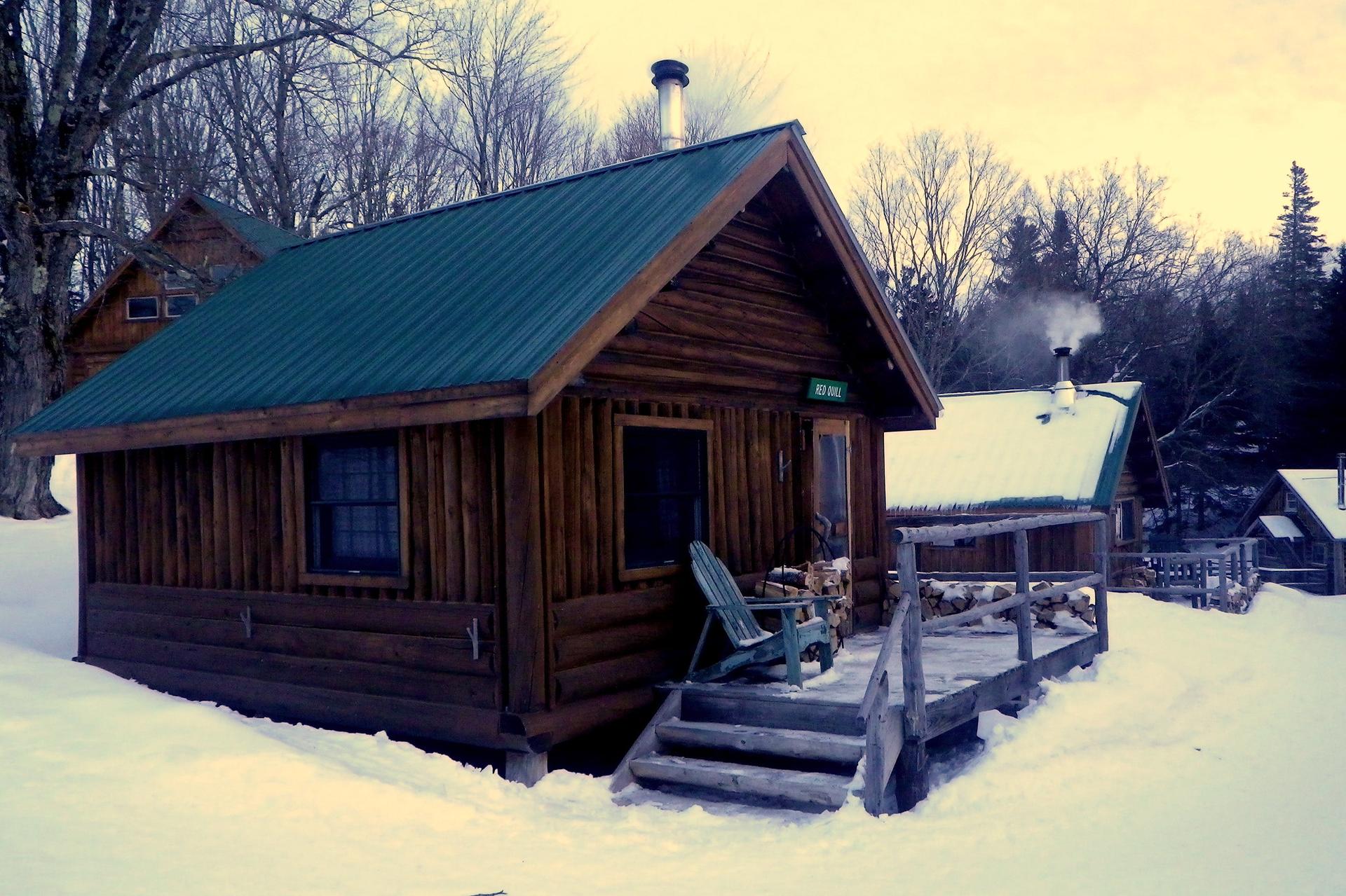 Rustic wooden cabin with green roof, smoke from chimney, in snowy woods.