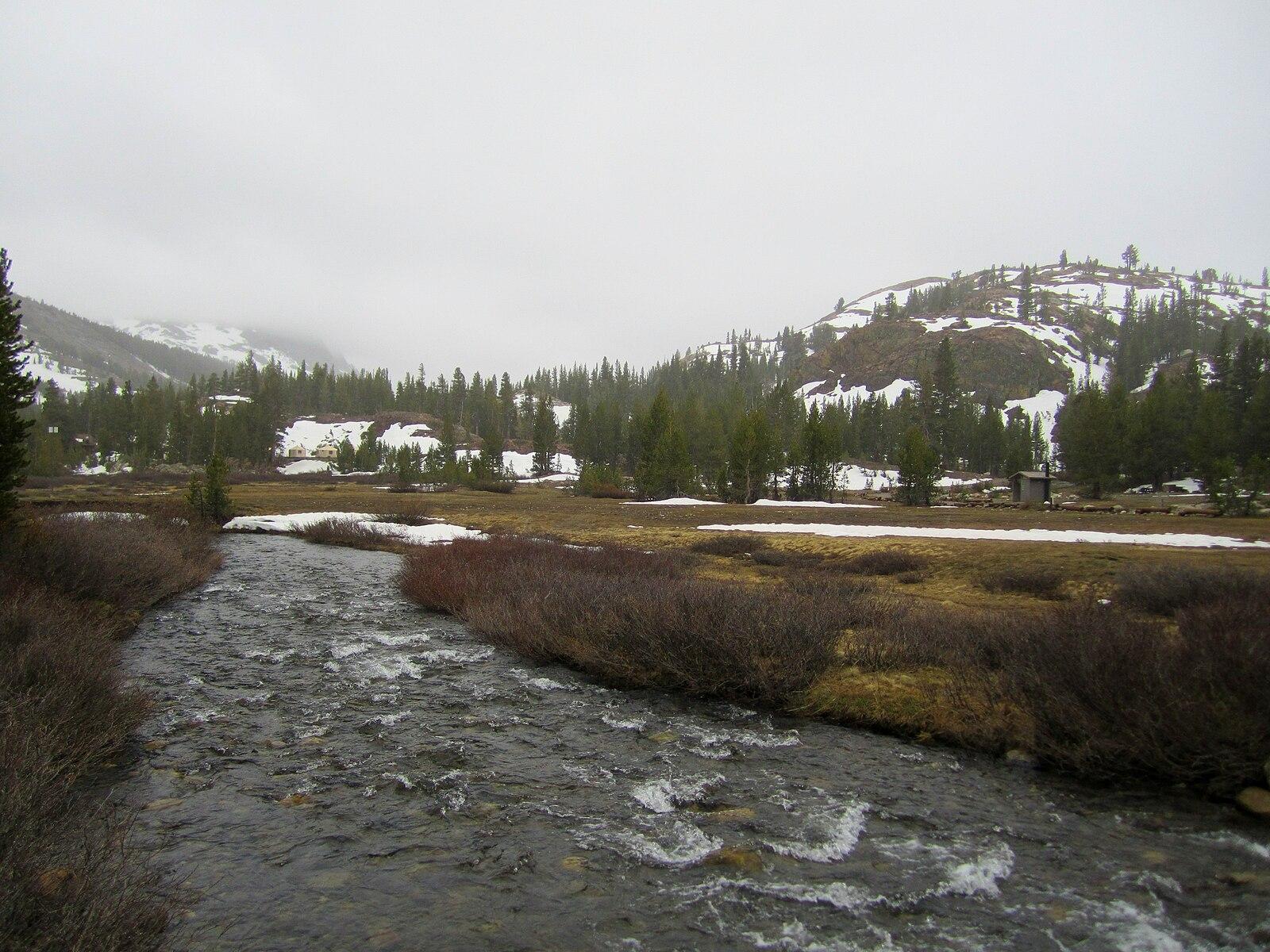 Rushing river through a snowy valley with evergreen trees under an overcast sky.