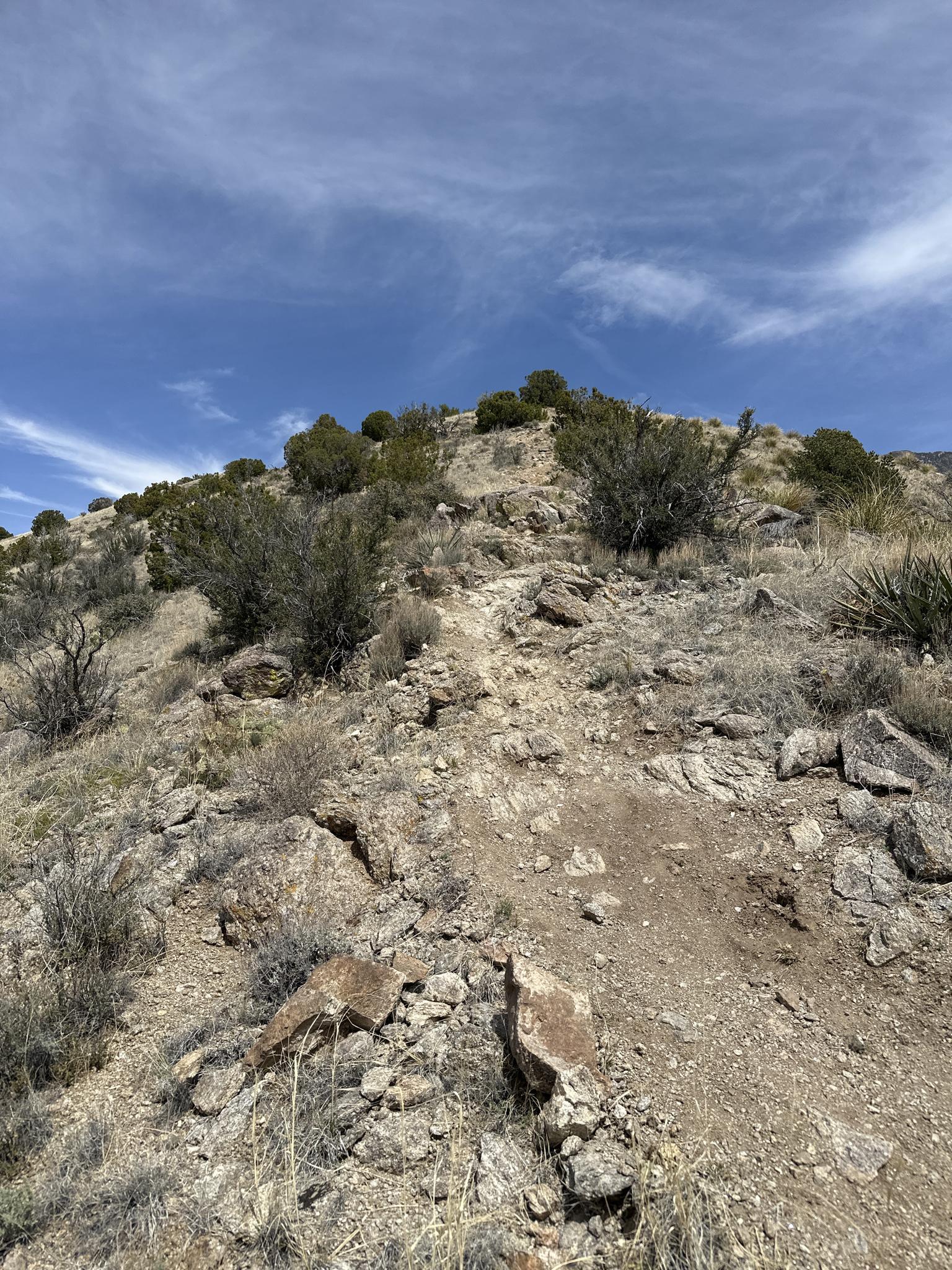 Rocky dirt path ascending a dry, brush-covered hillside under a blue sky.