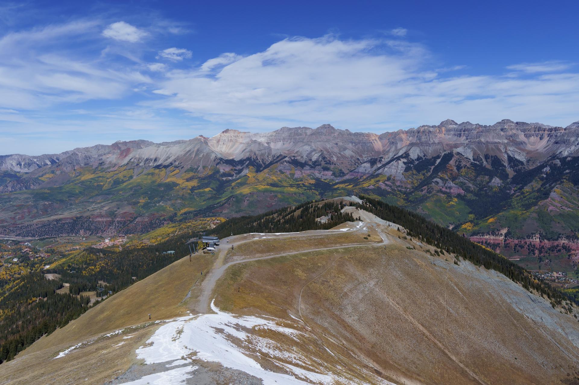 Panoramic view of a mountain ridge with dirt paths and colorful distant peaks.