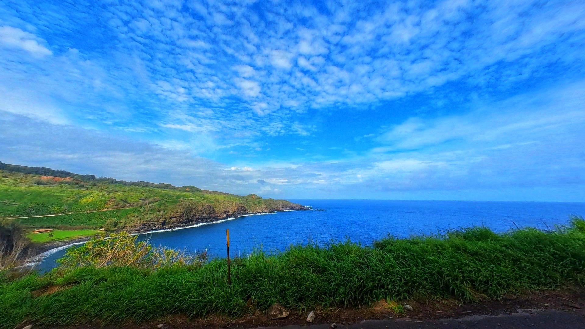 Vibrant coastal landscape with green hills, deep blue ocean, and bright sky.