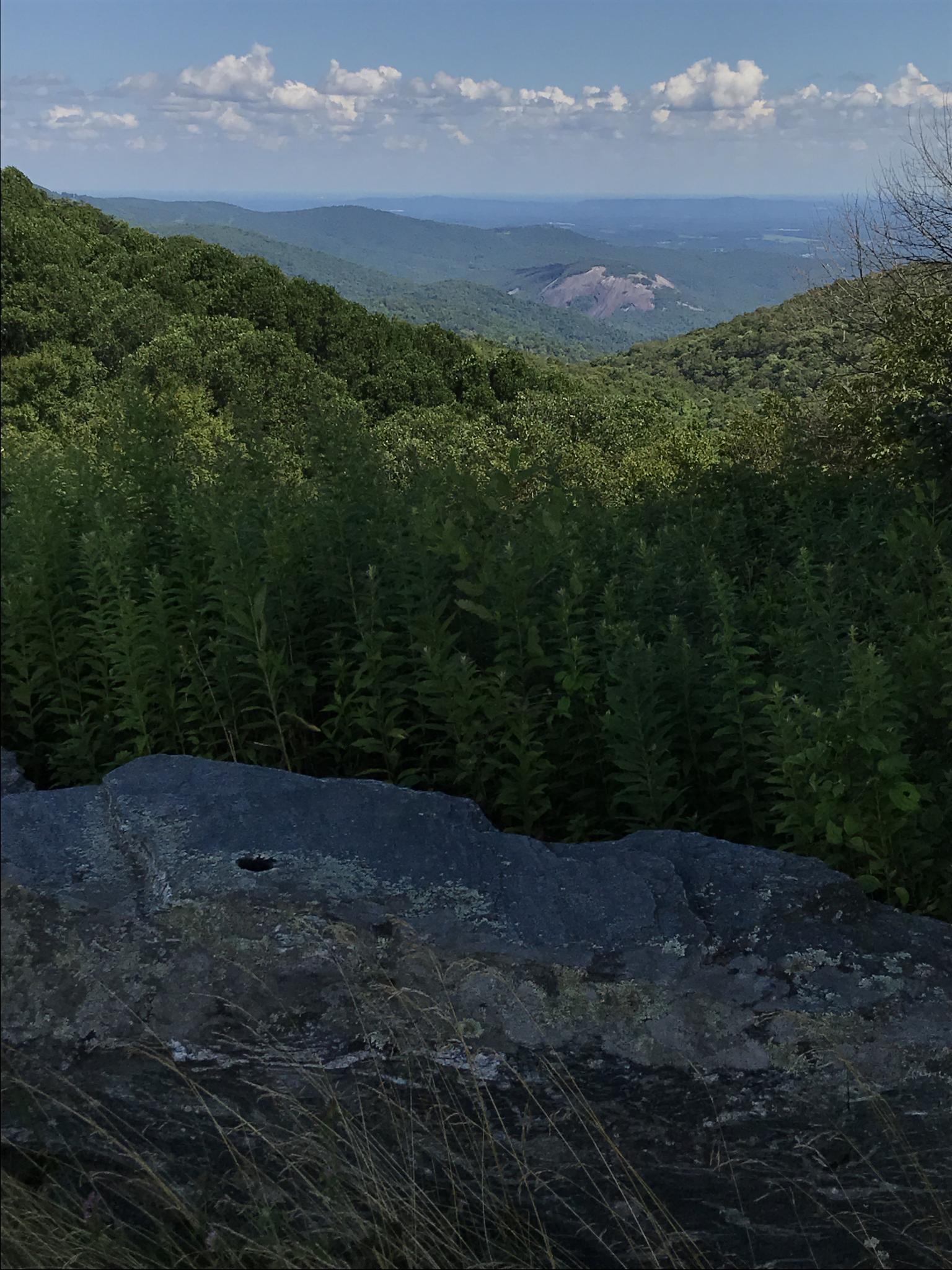 Rocky foreground overlooking a lush green mountain valley under a cloudy sky.