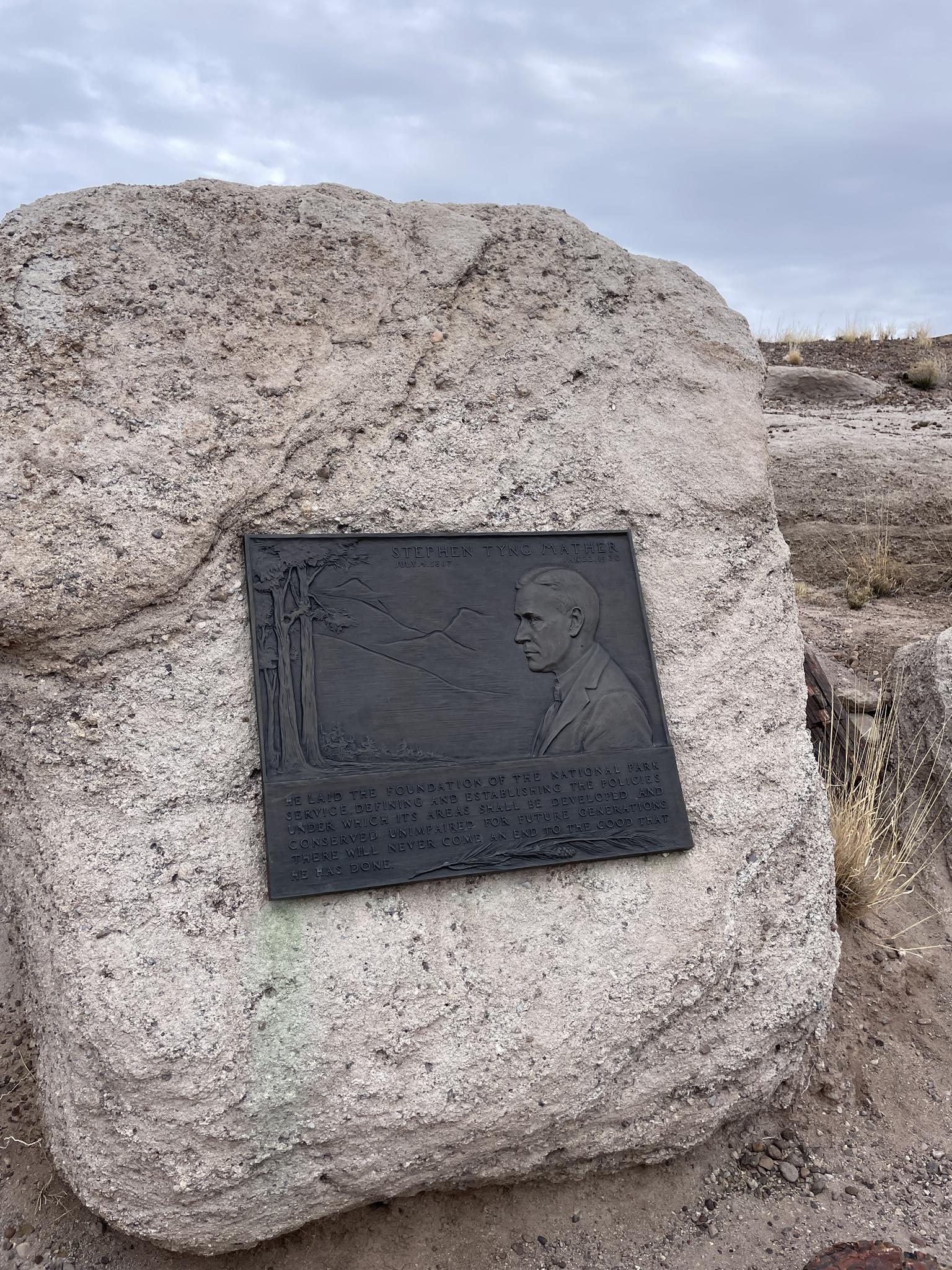 Bronze plaque with a man's profile embedded in a light-colored rock.