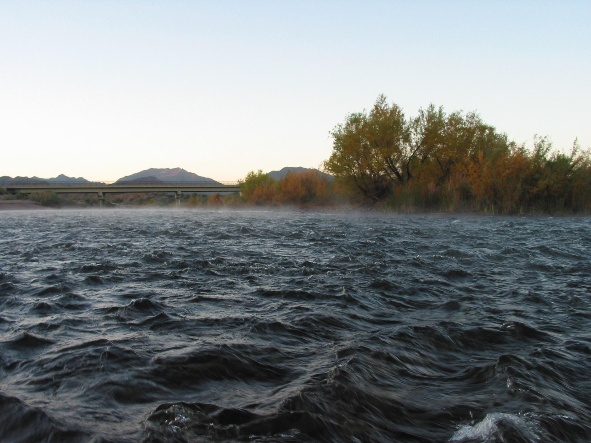 Wavy river with mist, trees, and a distant bridge under soft light.