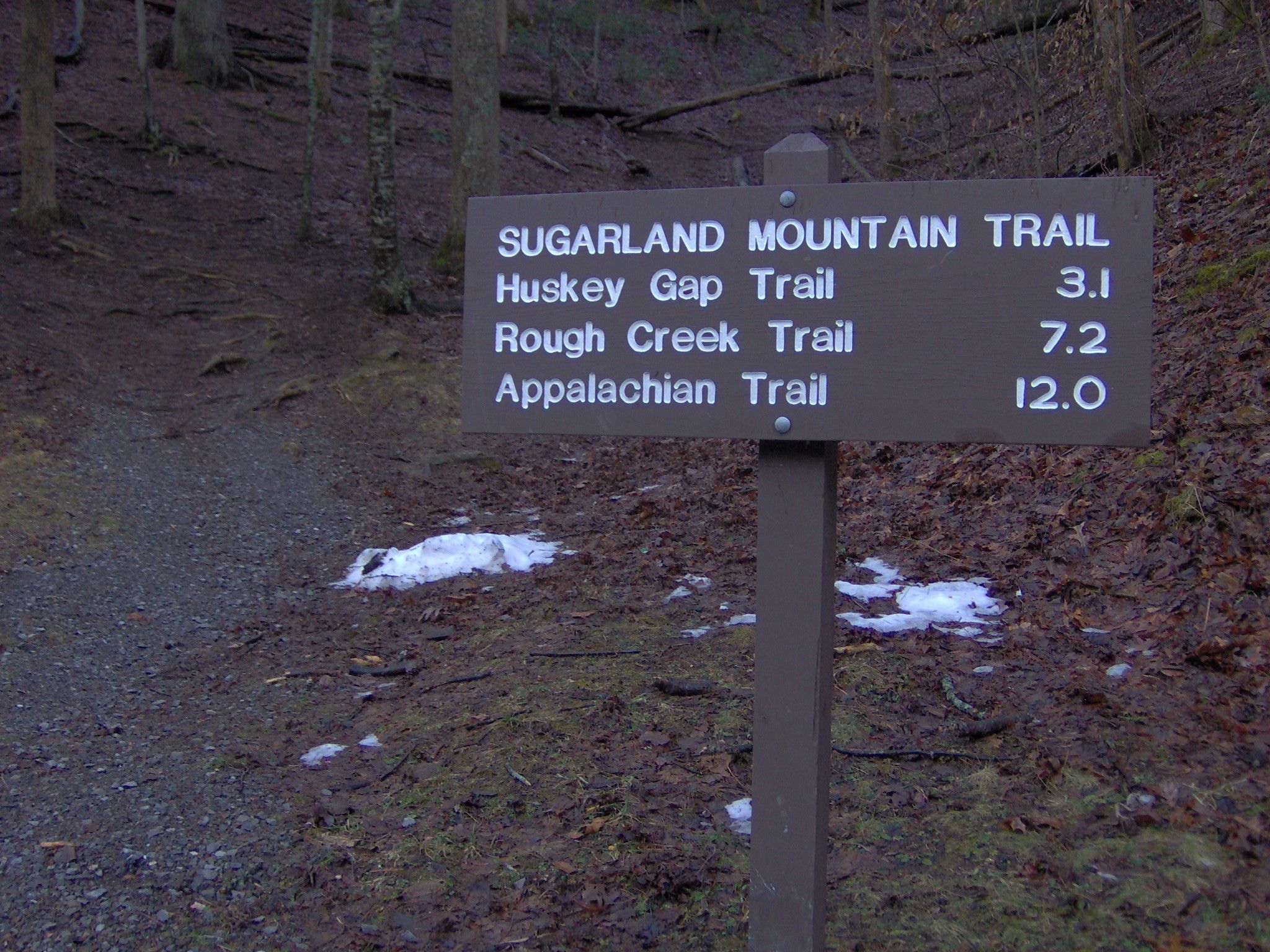 Brown wooden trail sign on a dirt path with patches of snow. - Sugarland Mountain Trailhead – Anakeesta Base Station loop from West Prong Little Pigeon River