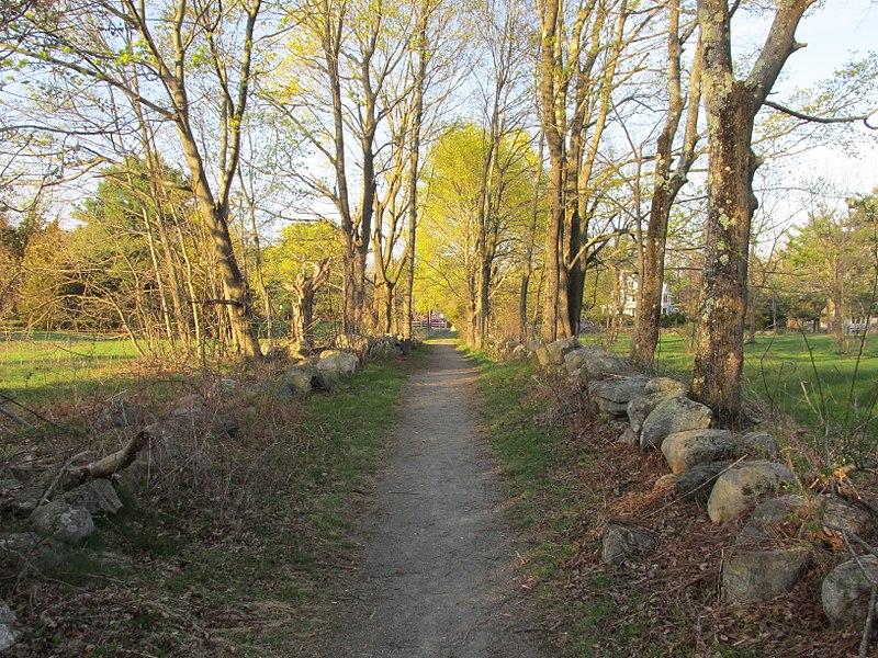 Dirt path between stone walls and trees with new spring leaves.