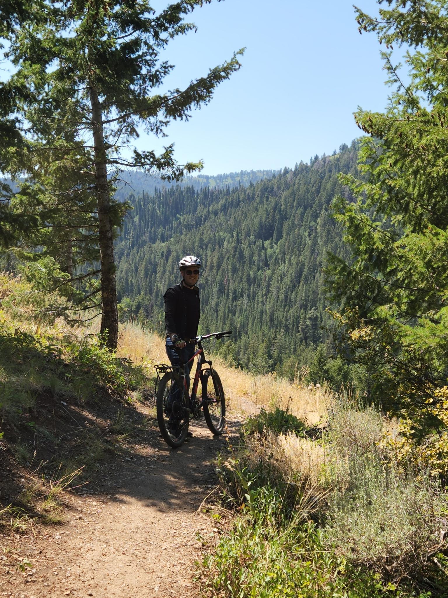 Person on mountain bike on sunny dirt trail overlooking forested mountains.