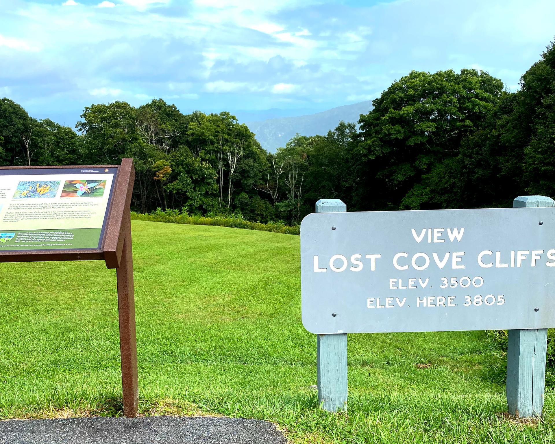 Two signs stand in a bright green field with distant trees and mountains.