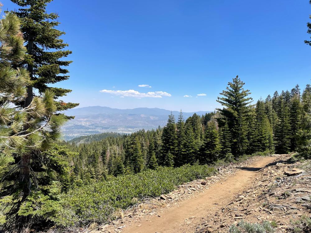 A dirt trail overlooks a vast, sunny valley with distant mountains and pine trees.