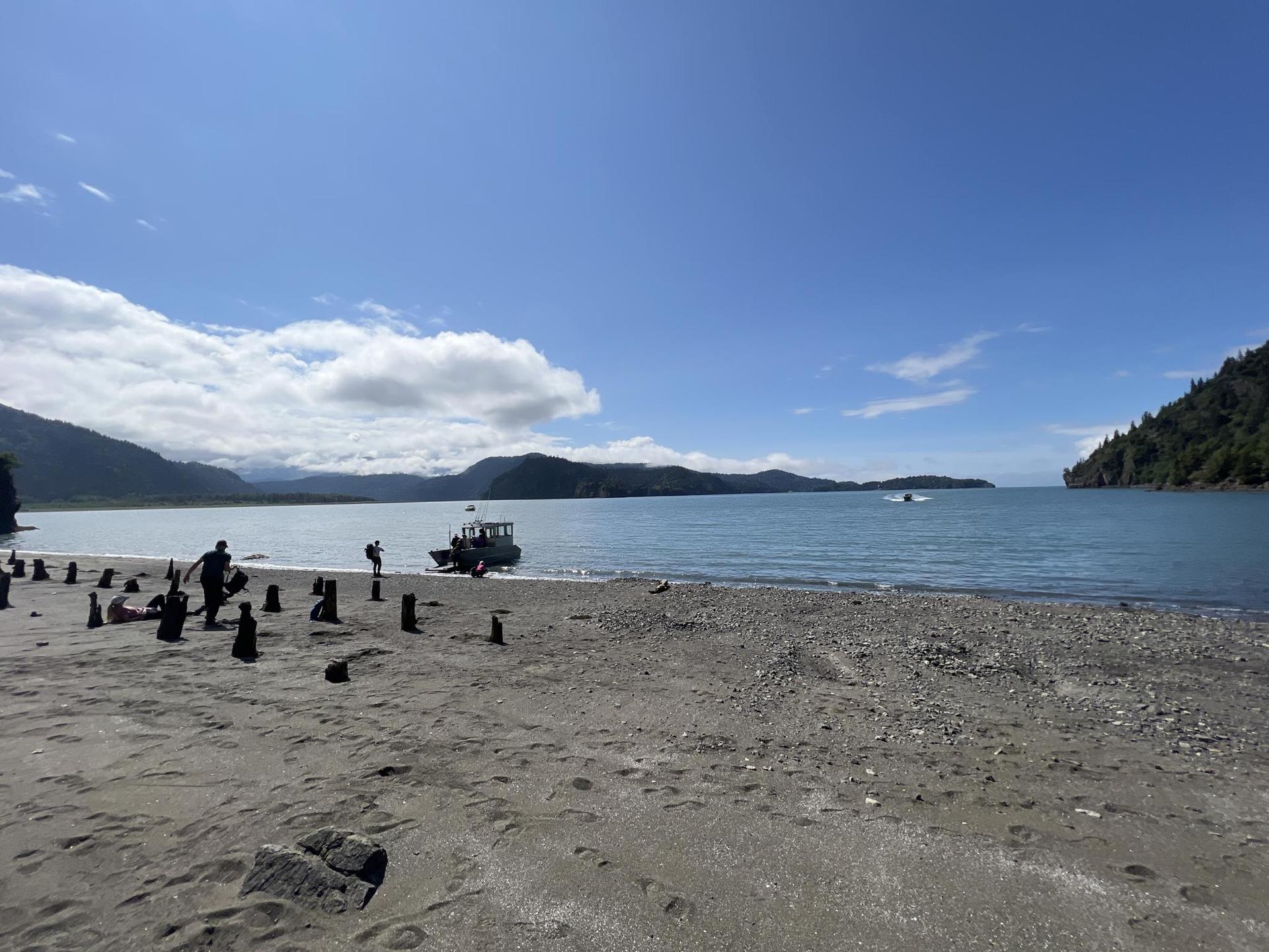 Sunny beach with people near a boat, calm blue water, and mountains.