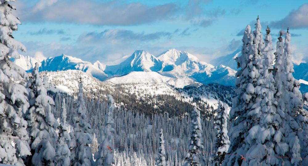 Snow-covered evergreen trees frame majestic snow-capped mountains under a bright blue sky.