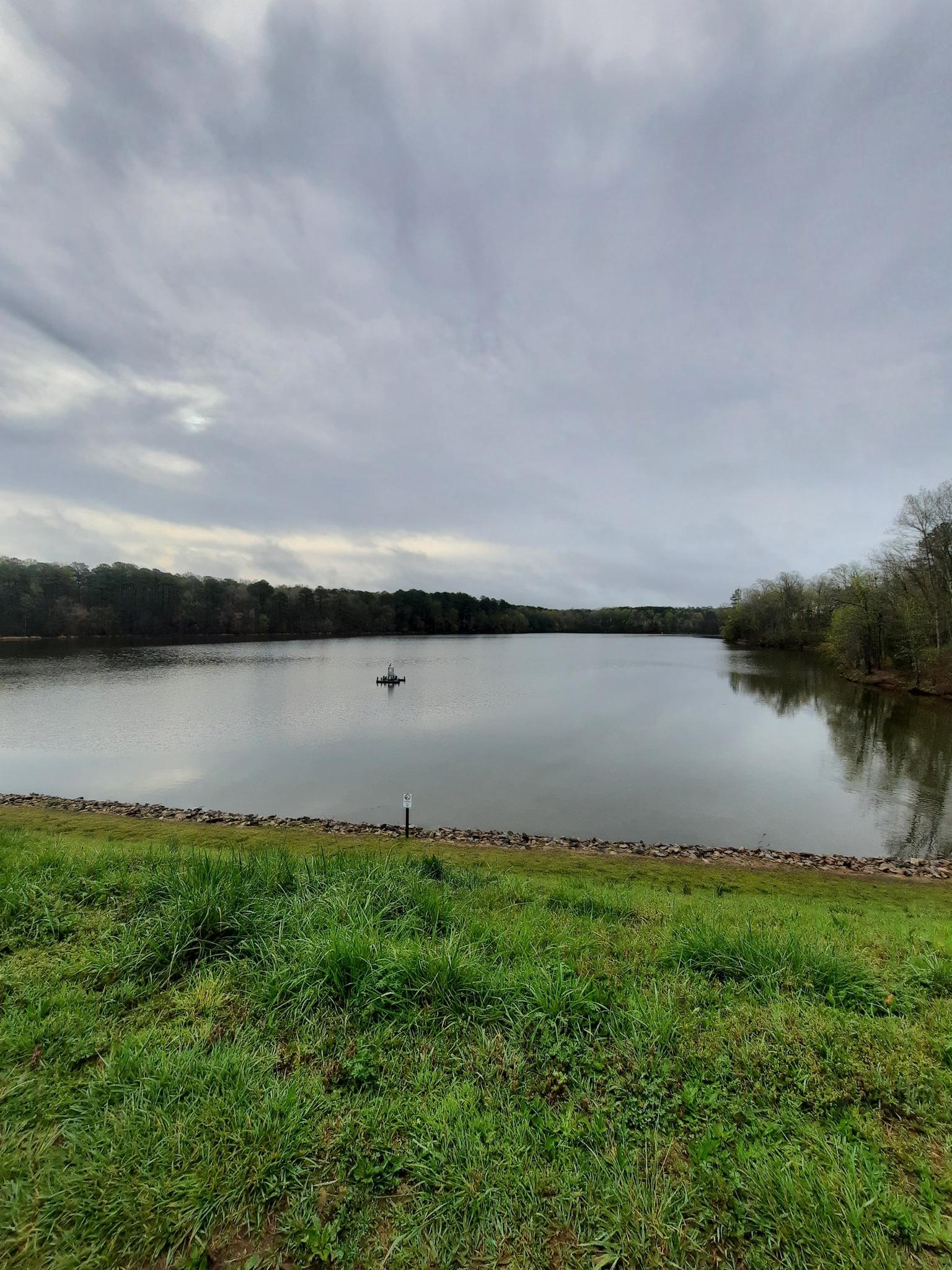 A wide lake view with a small boat, green grass, and cloudy sky.