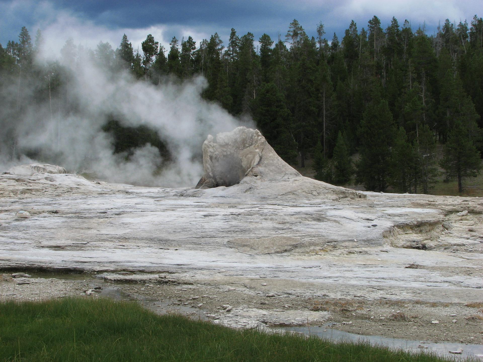 A large geyser cone emits thick steam in a white thermal landscape near a forest.