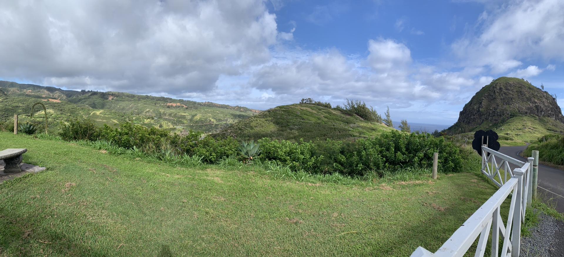 Panoramic view of green hills, a white fence, and distant ocean under cloudy sky.