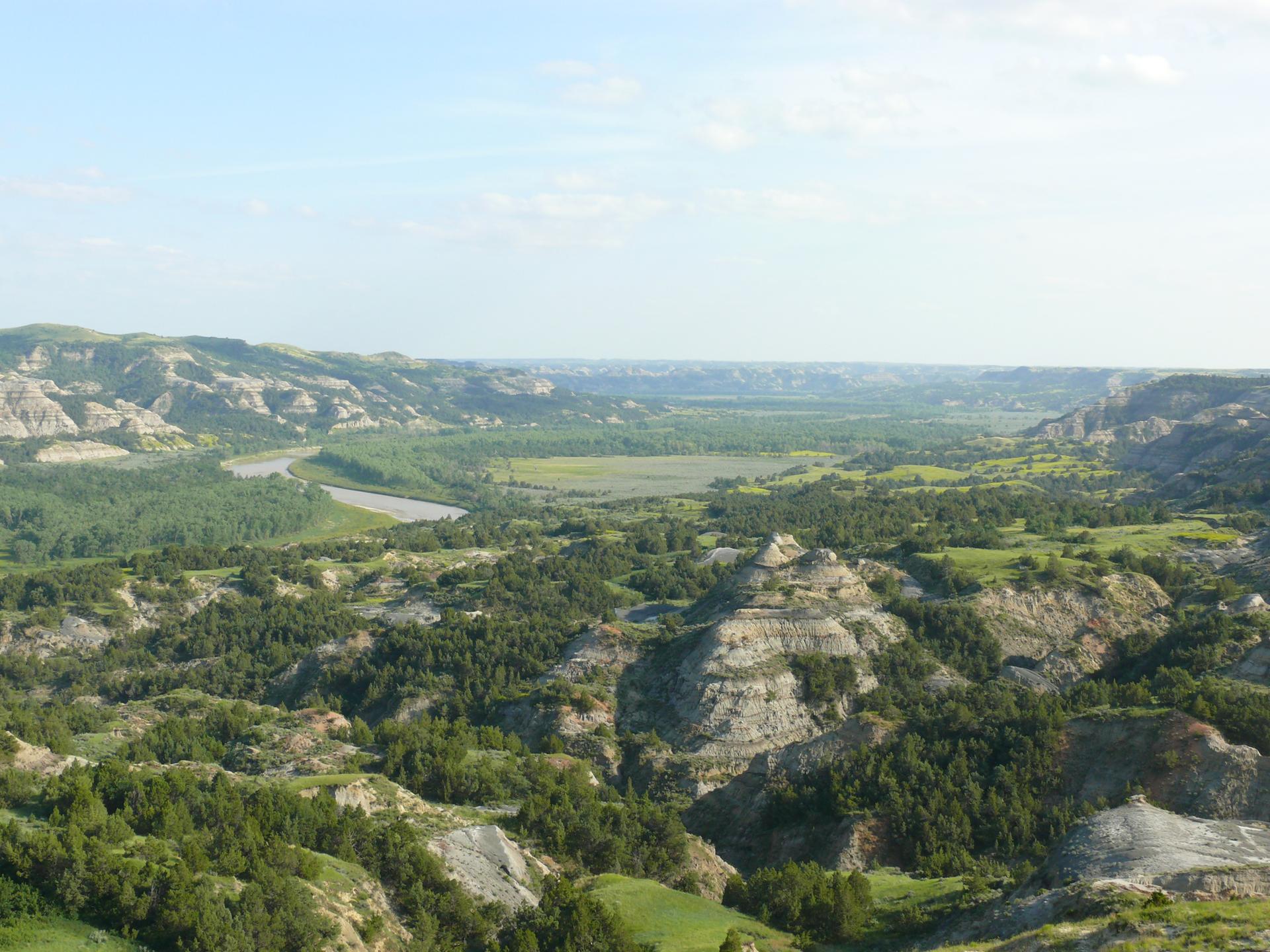 Wide landscape of green hills, forested valleys, and distant badlands under a bright sky.