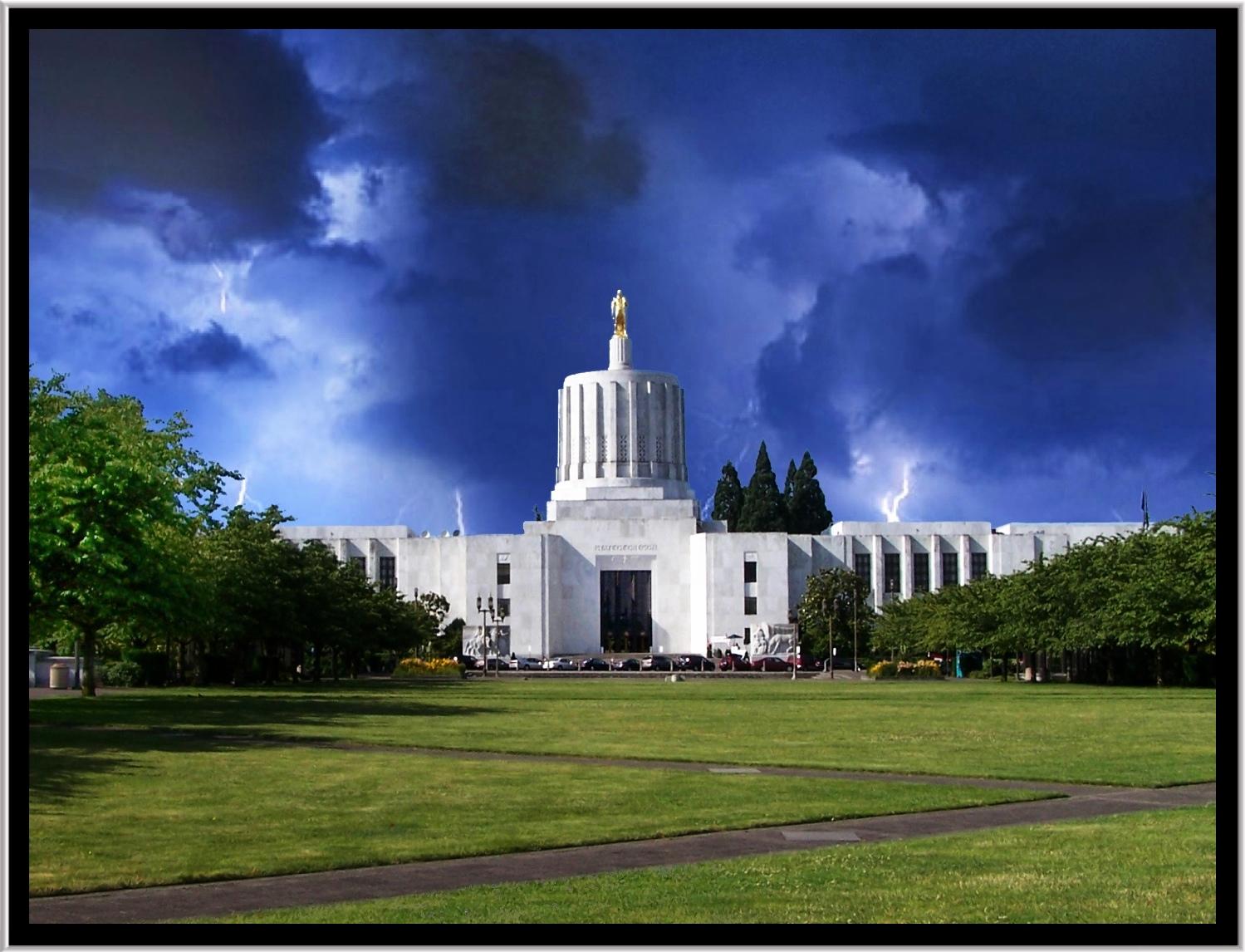 White domed building under a dramatic stormy sky with lightning.