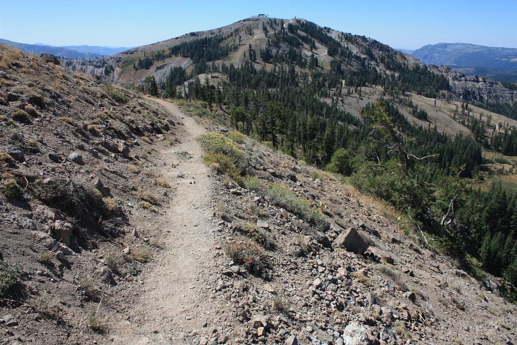 A dirt trail ascends a rocky, tree-dotted mountain under a clear sky.