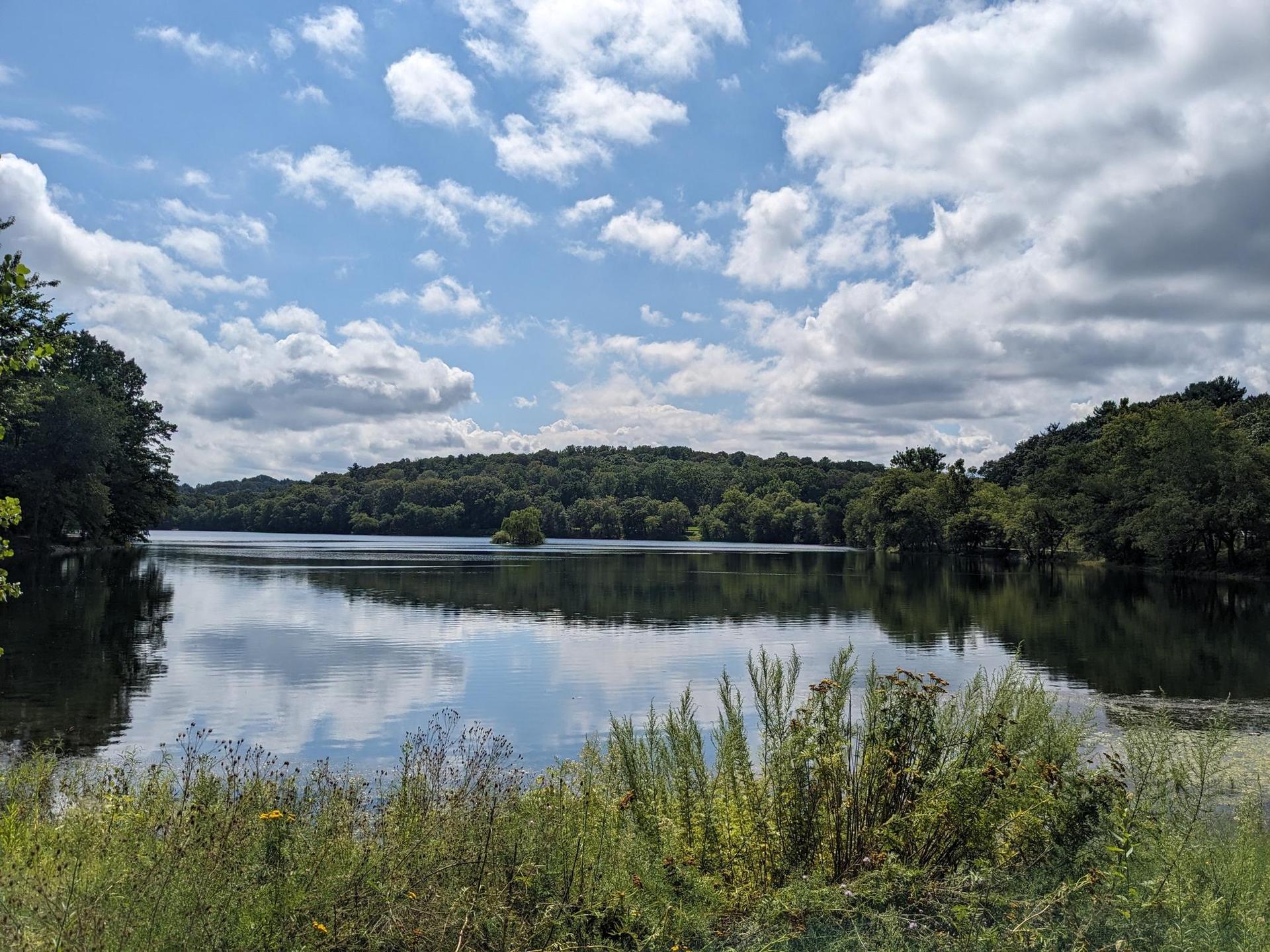 A calm lake reflecting a cloudy blue sky and green forested banks.