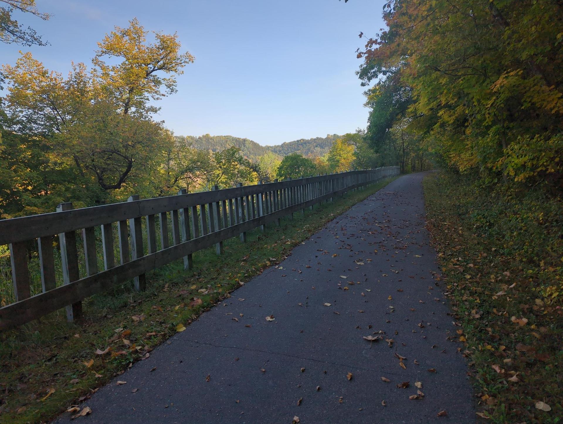 A paved path with a wooden fence, surrounded by autumn trees.