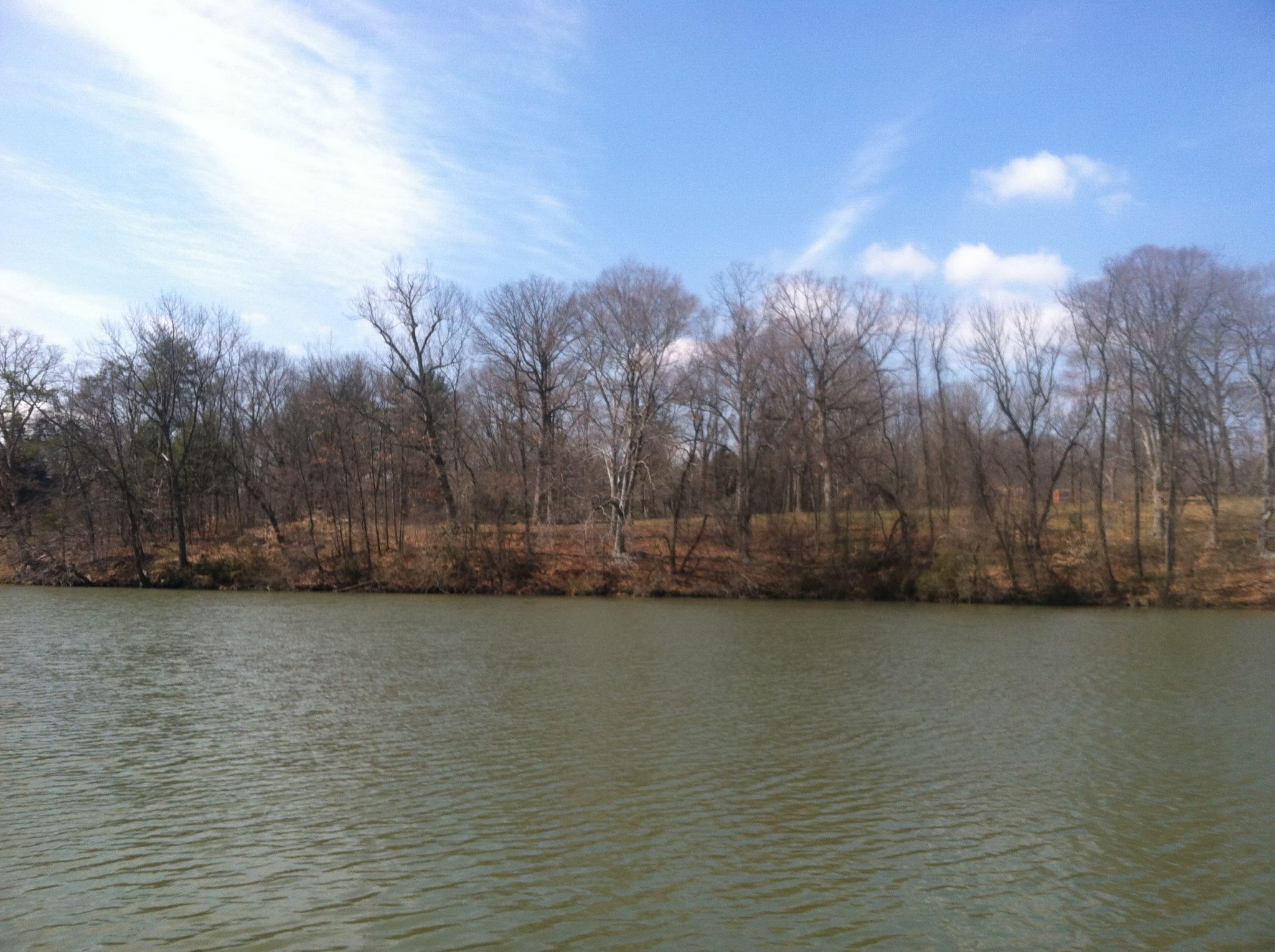 Wide body of water with bare trees lining the far bank. - Lake Roland Red Trail