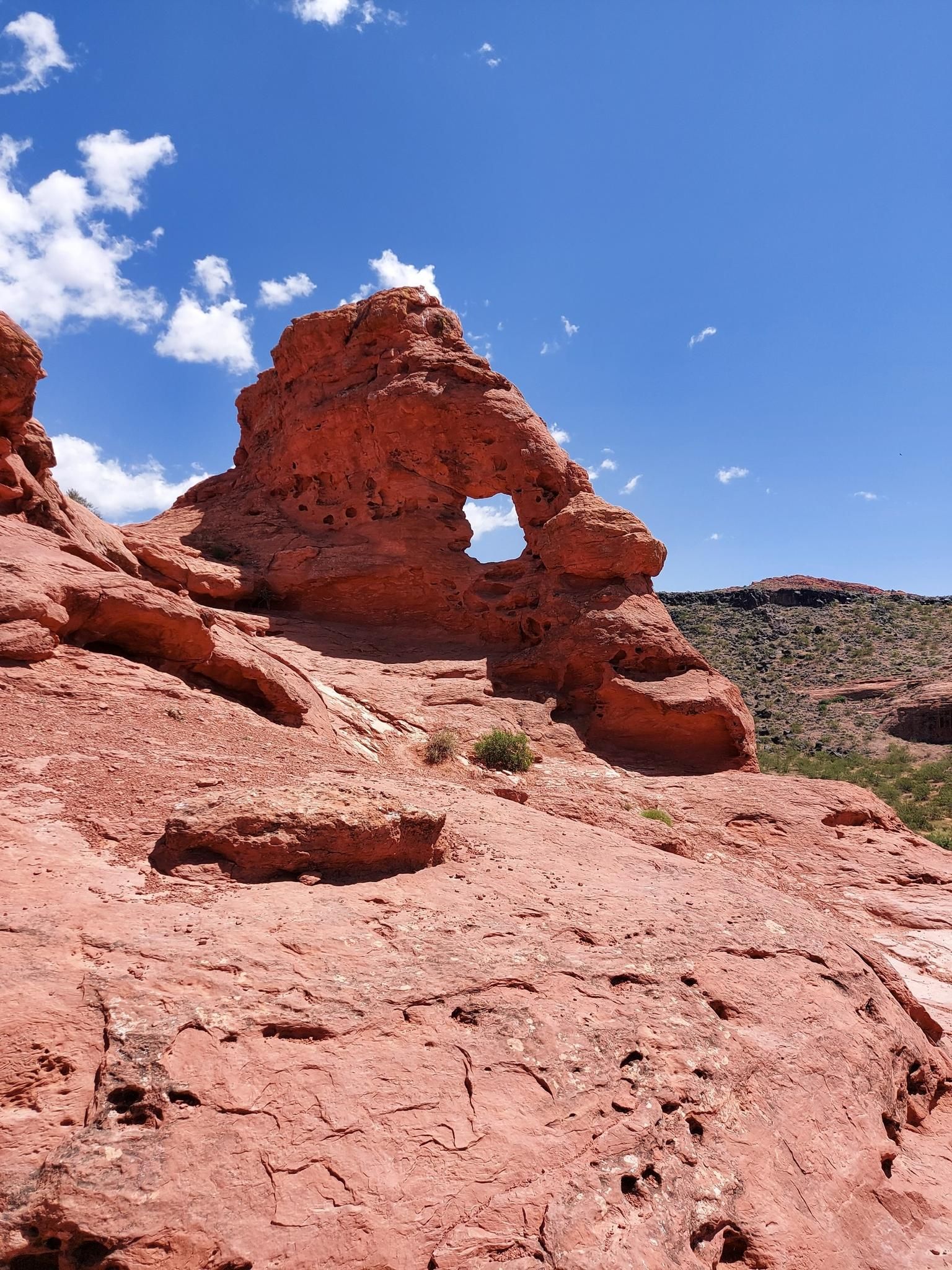 Red rock arch formation with a hole, under a bright blue sky. - Turtle Wall and Paradise Rim Loop