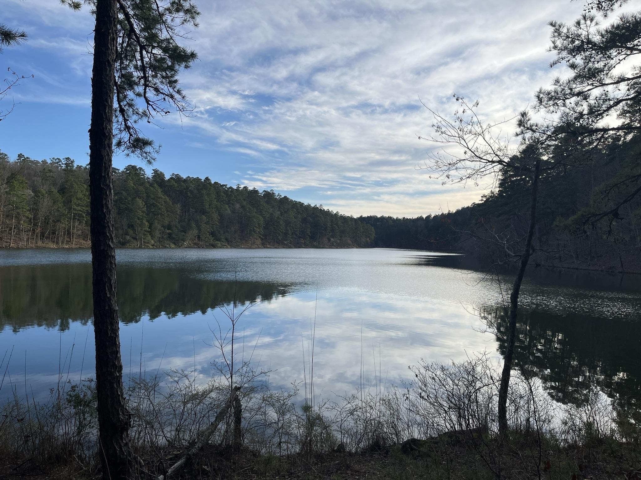 Lake reflecting cloudy sky, surrounded by dense pine forests on a bright day.