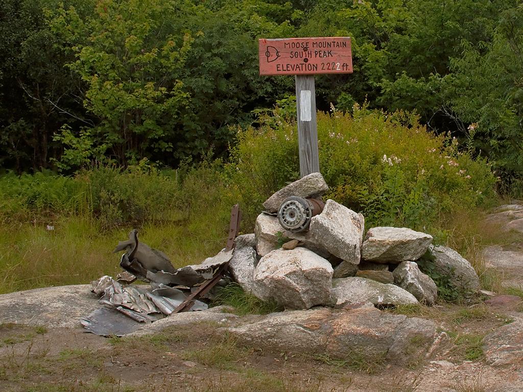 A wooden sign on a rock cairn surrounded by green foliage under bright light.