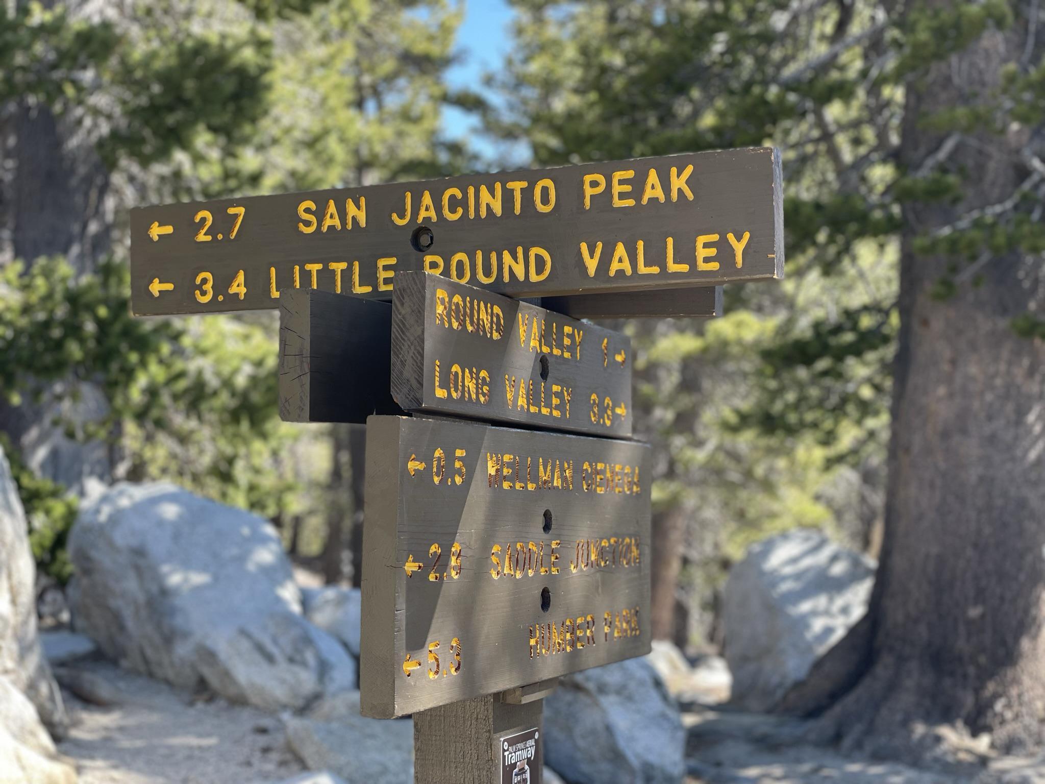 Wooden trail signpost with multiple directional arrows in a sunny, rocky forest.
