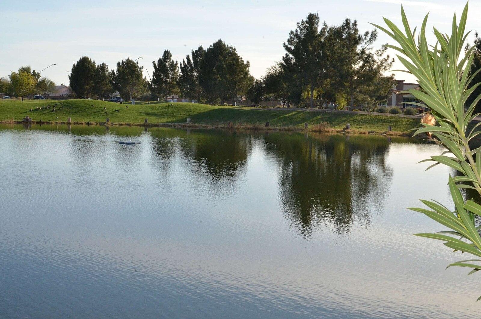 A calm lake reflects trees and green hills under a bright sky.