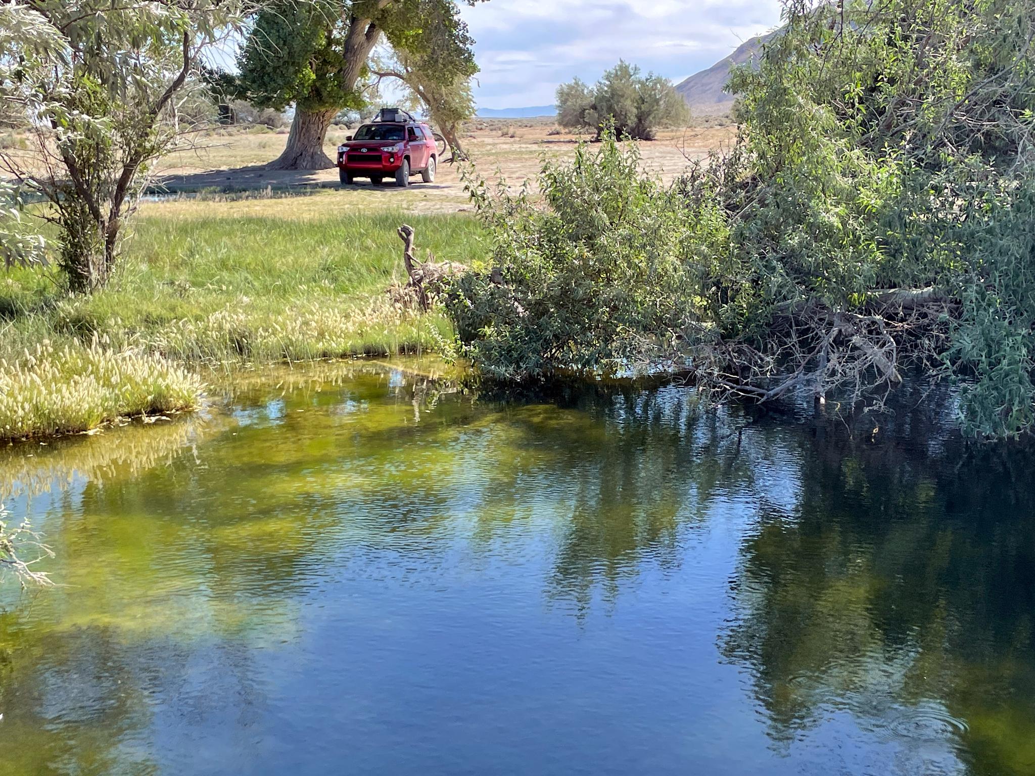 Red vehicle parked under trees near a clear pond in bright daylight.