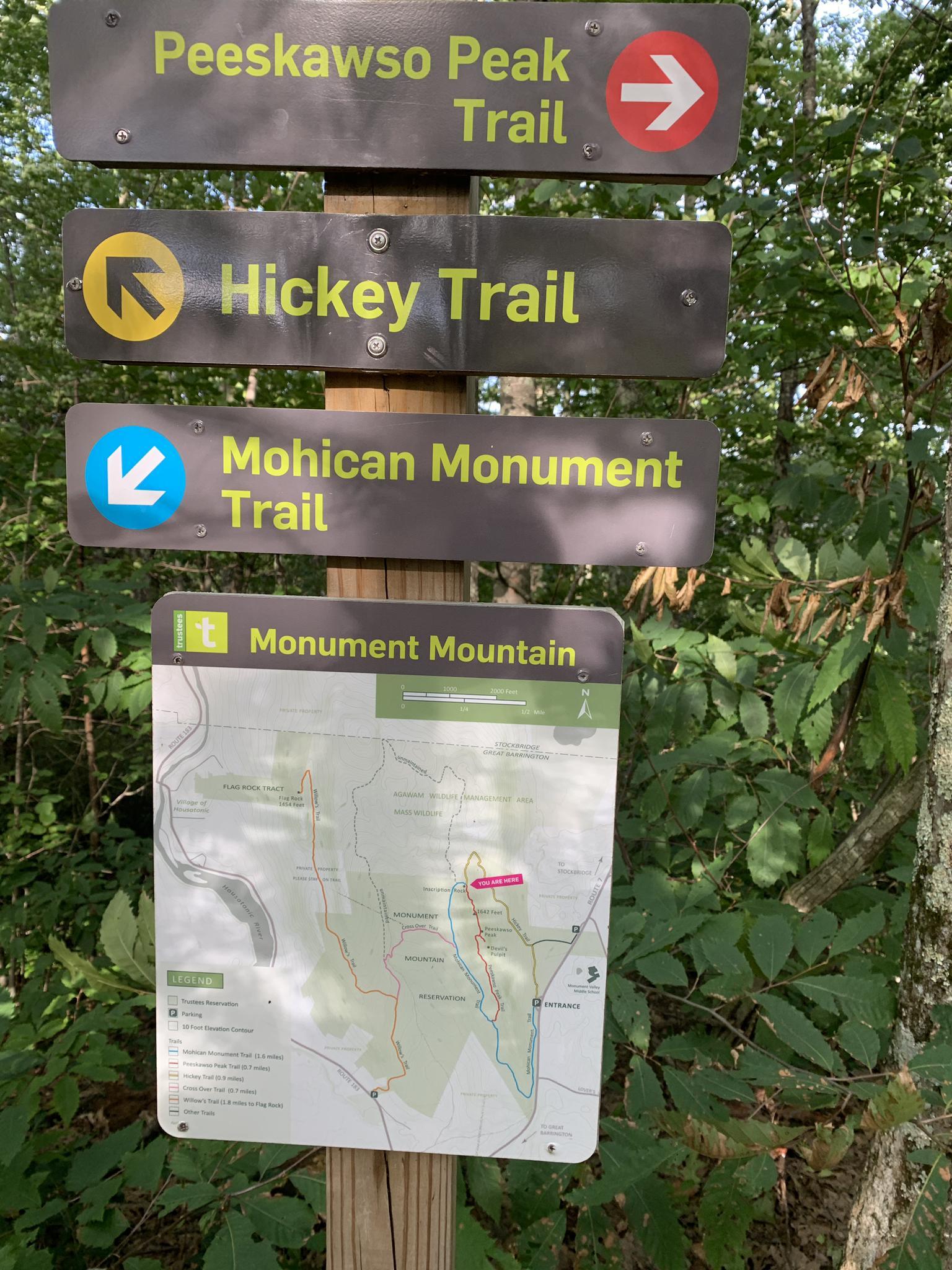 A wooden post with multiple trail signs and a map in a green forest.