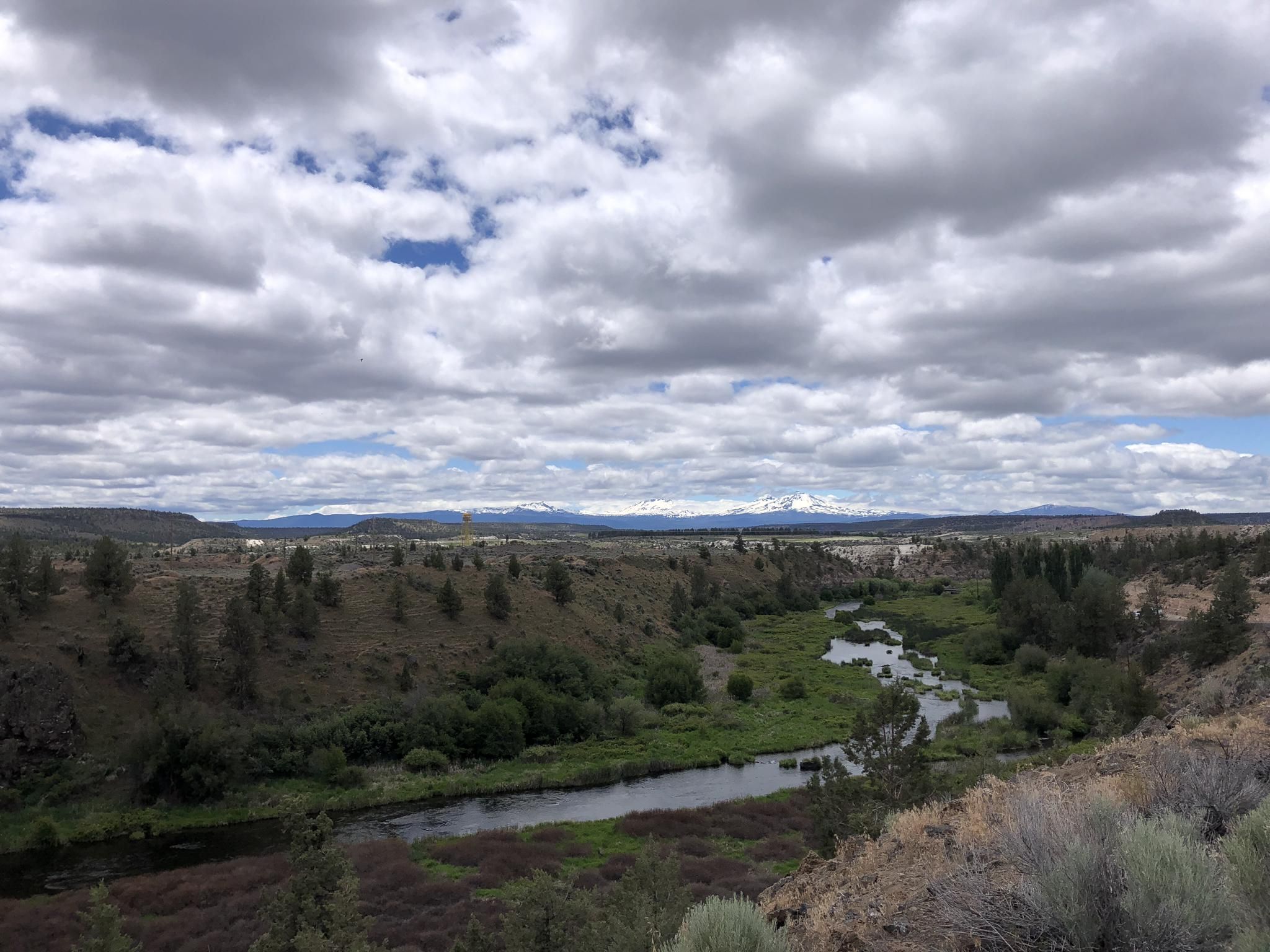 Overcast view of a winding river through a green valley with distant mountains. - Sisters to Smith Rock Scenic Bikeway Loop