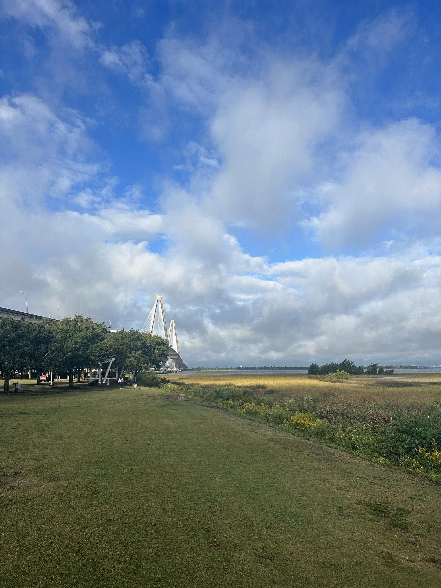 Green lawn and marshland with a large white bridge under a cloudy sky.