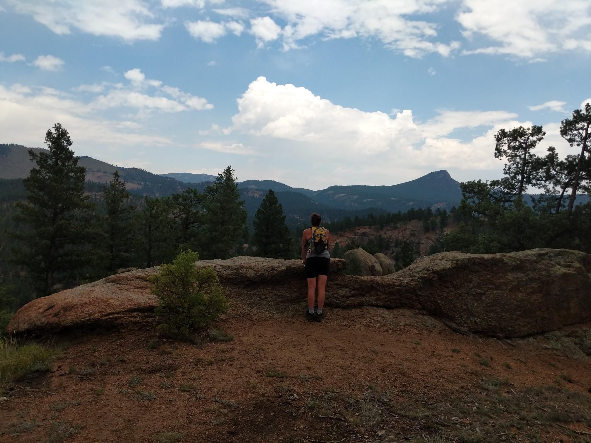 Person stands on a rock, overlooking a vast mountain and forest landscape. - Narrow Gauge and North Fork View Loop