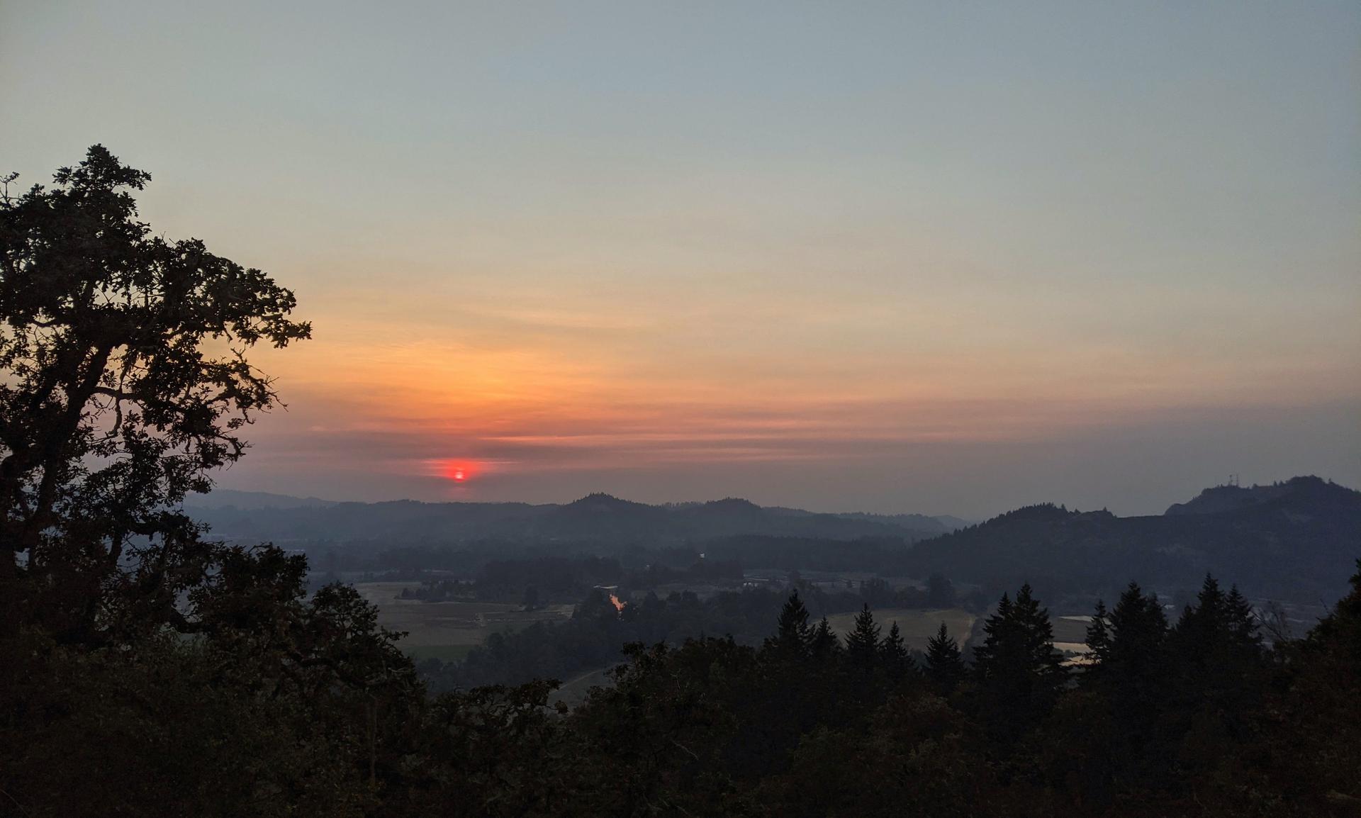 Vibrant sunset over a valley and distant mountains, with trees silhouetted in foreground.
