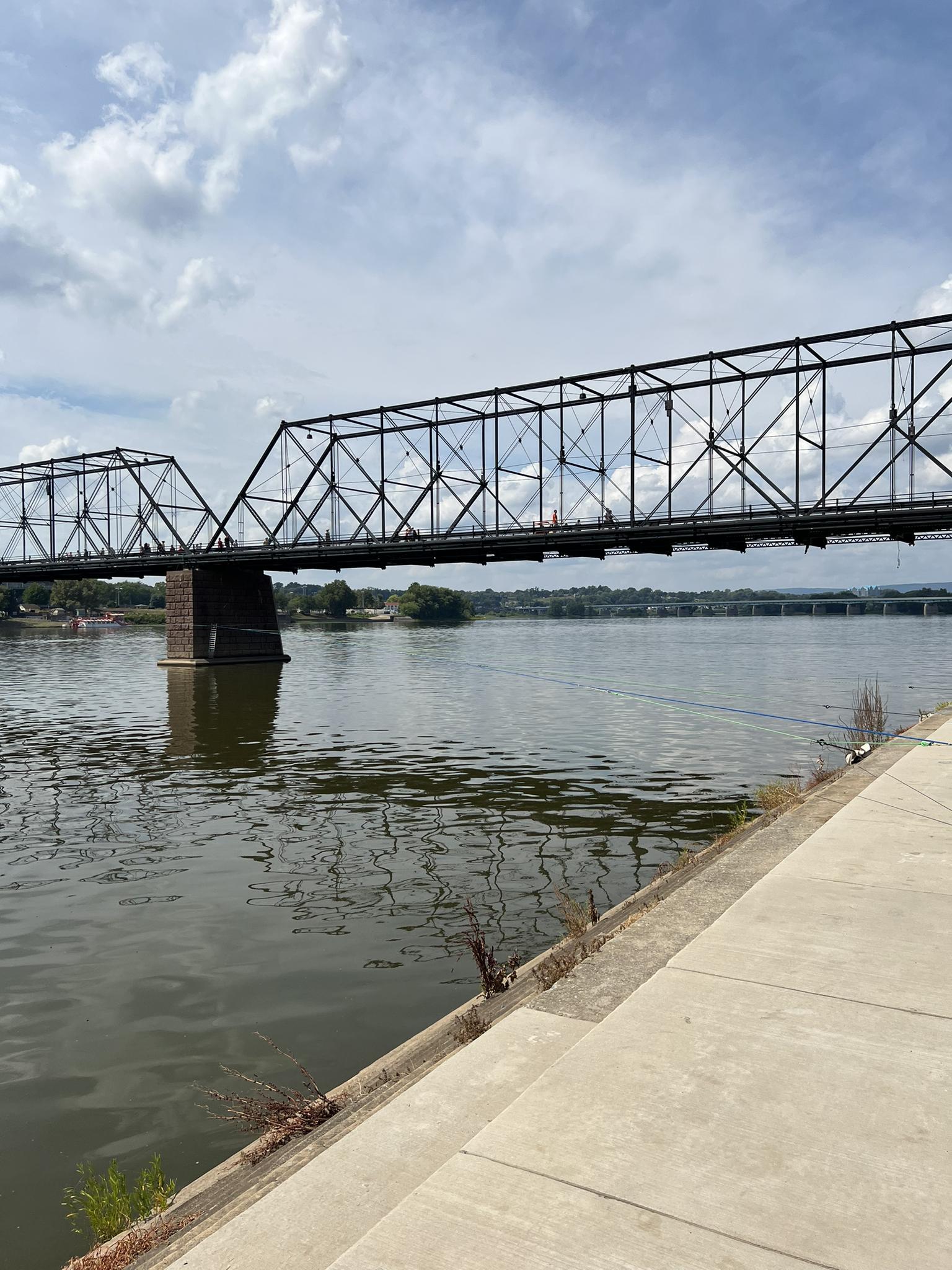 A large metal truss bridge spans a wide river under a cloudy sky.