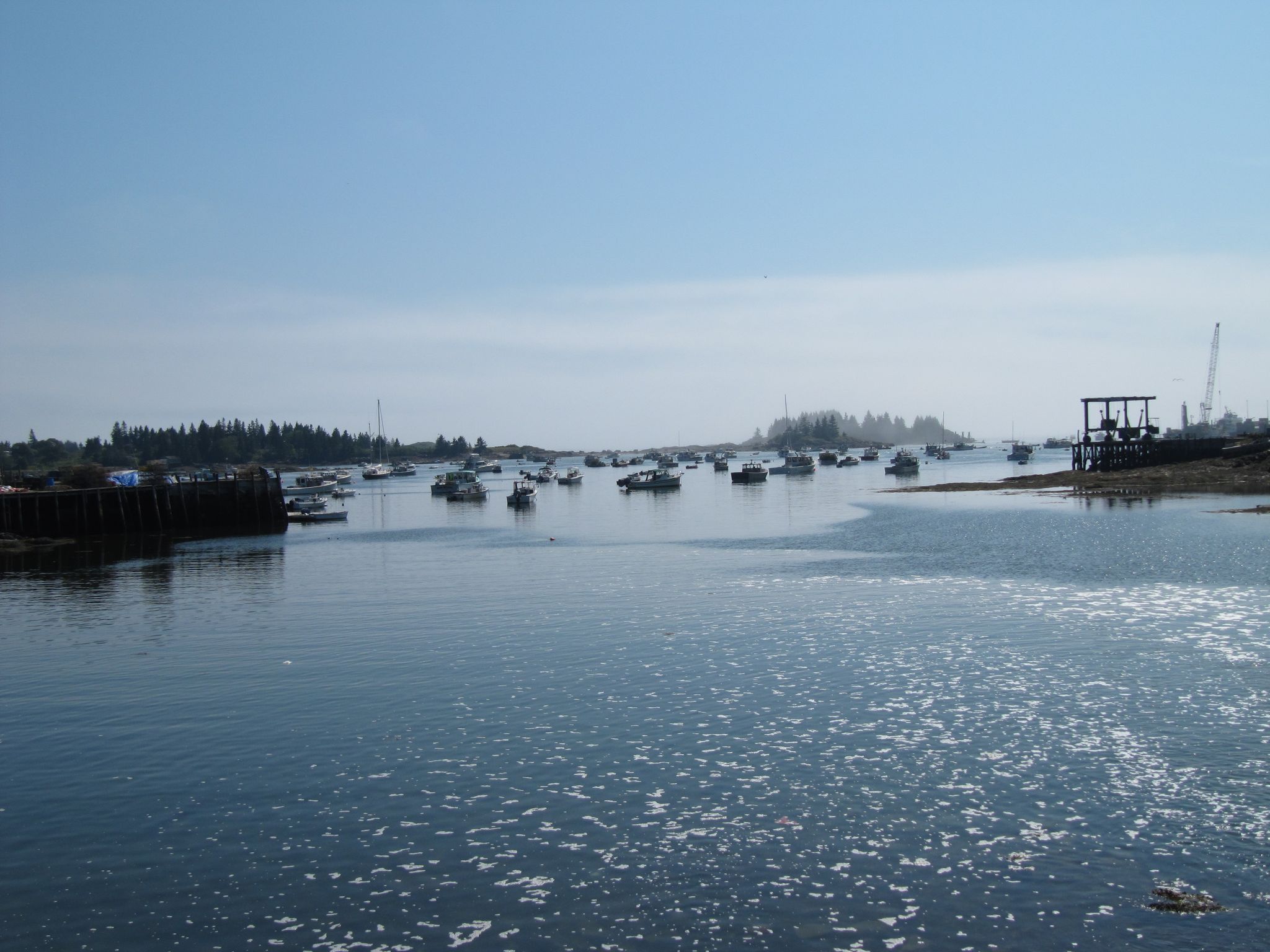 Numerous boats anchored in a calm bay under a clear, bright sky. - Vinalhaven & Lawsons Quarry loop
