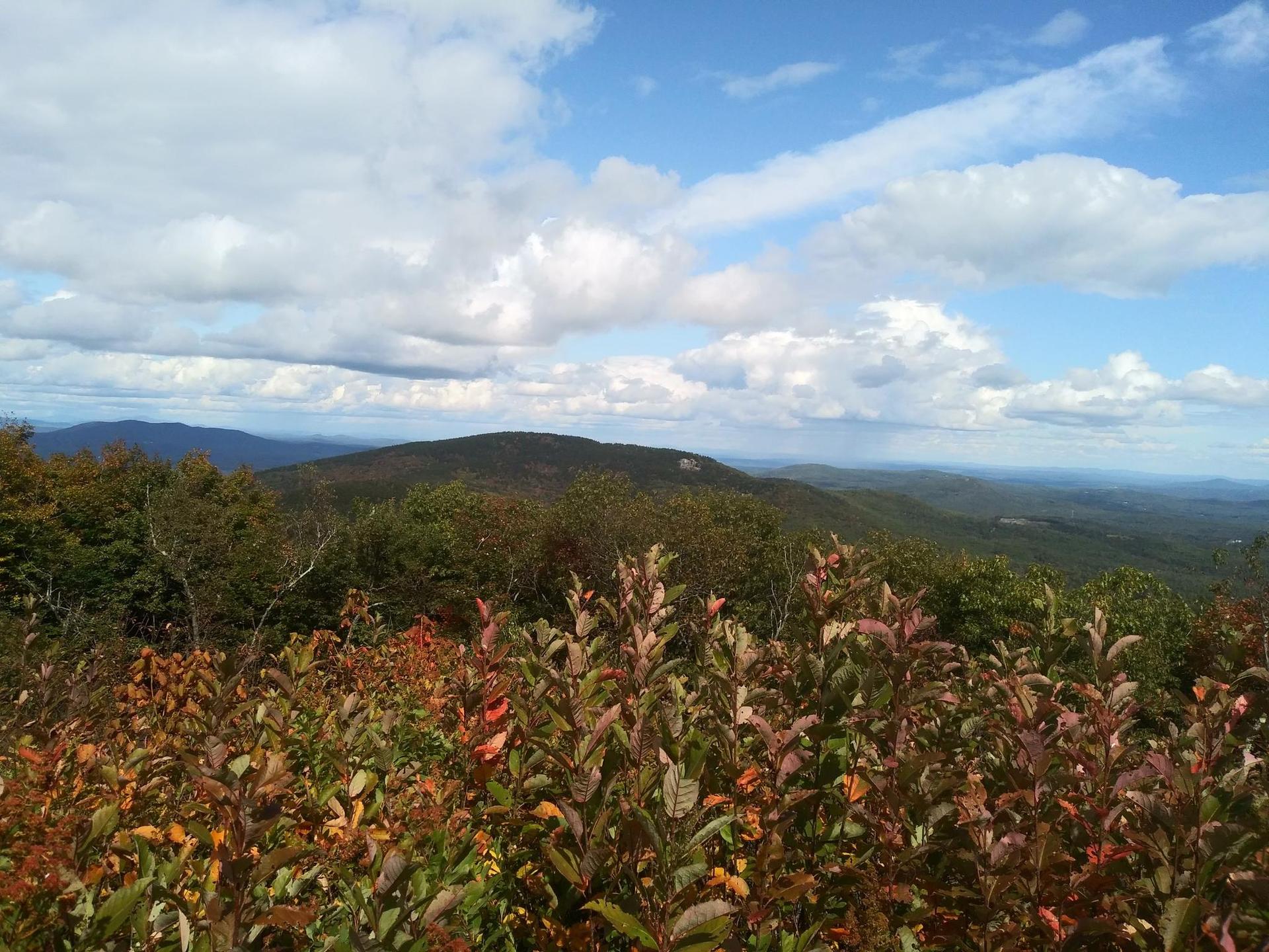 Sunny mountain landscape with distant peaks and vibrant autumn foliage in the foreground.