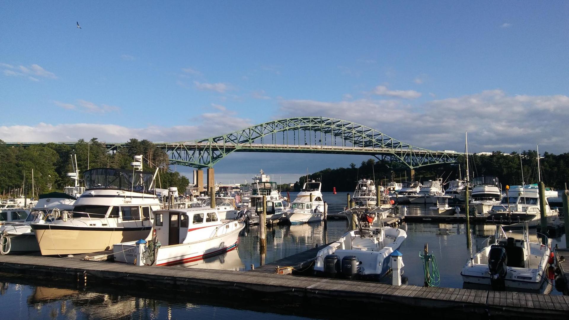 Marina with numerous boats docked, a large green arched bridge, under a clear sky.