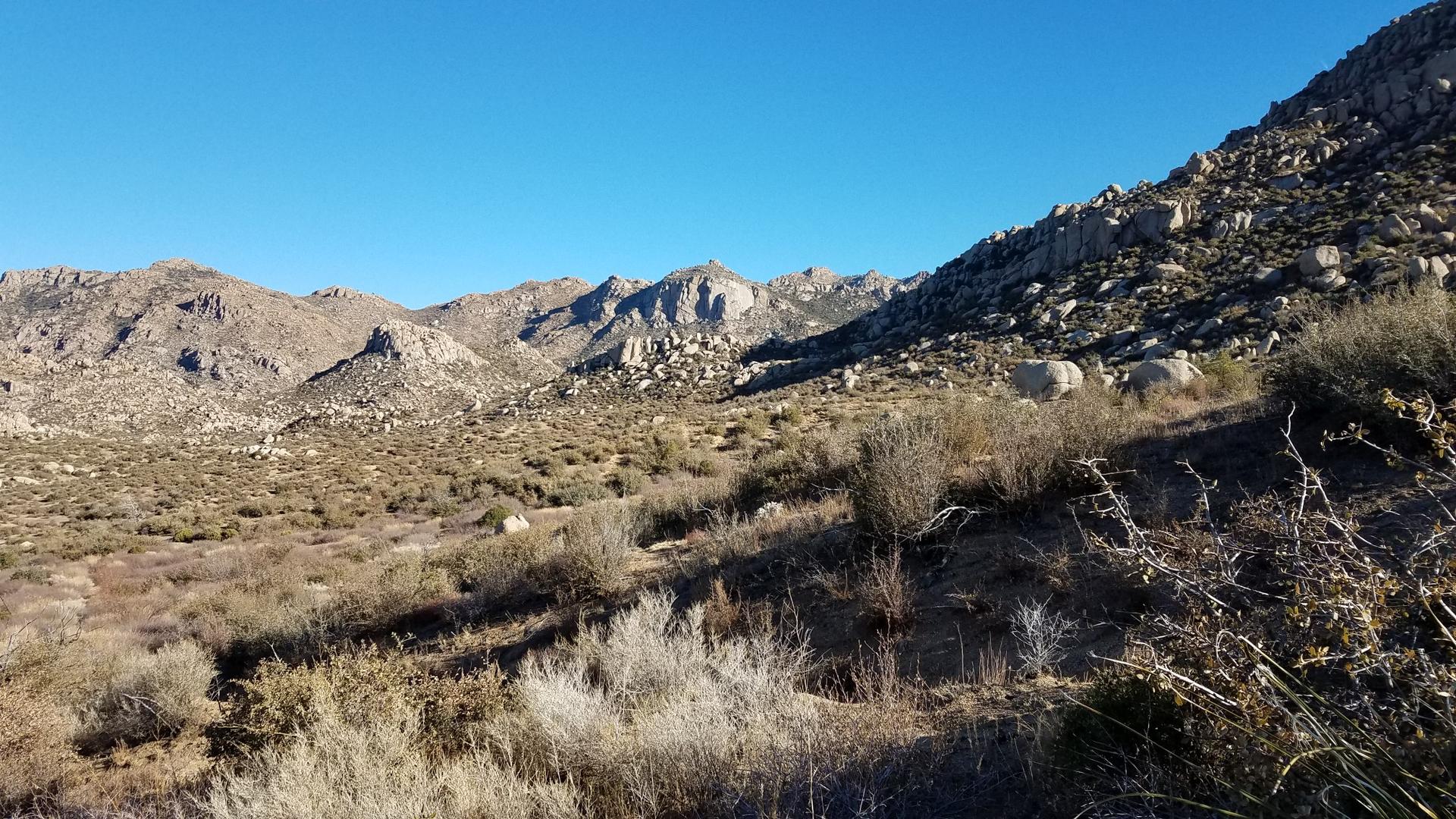 Arid, rocky mountain landscape with sparse vegetation under a clear blue sky.