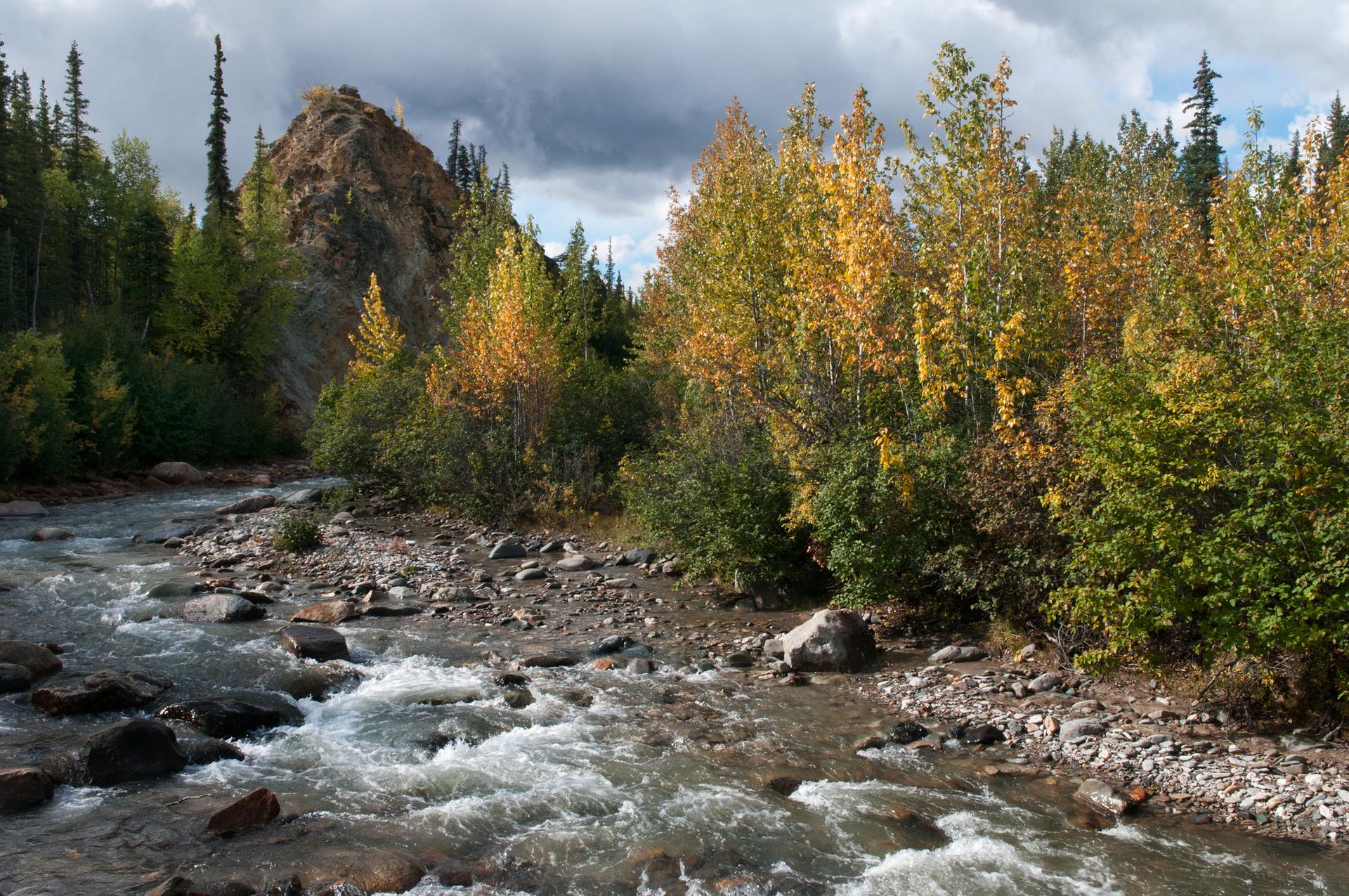 A rocky river flows past autumn trees and a large rock formation.