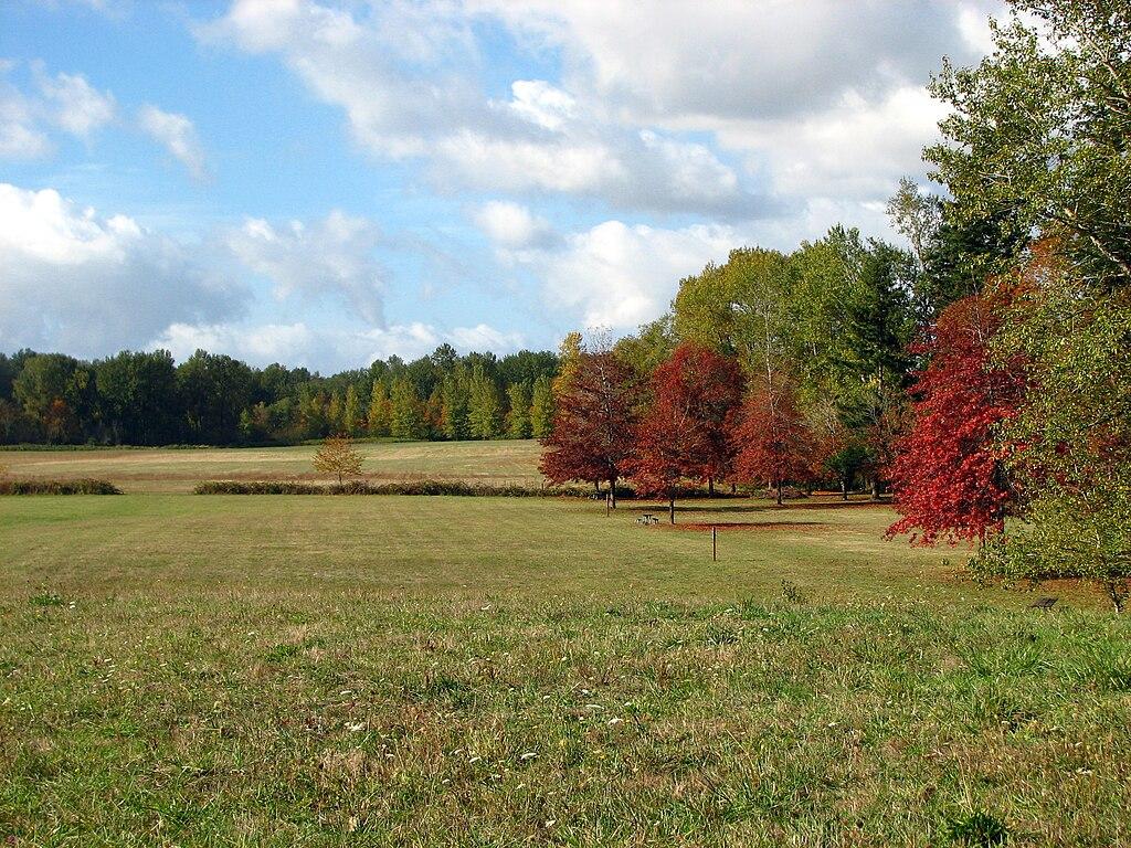 A wide grassy field with colorful autumn trees under a partly cloudy sky.