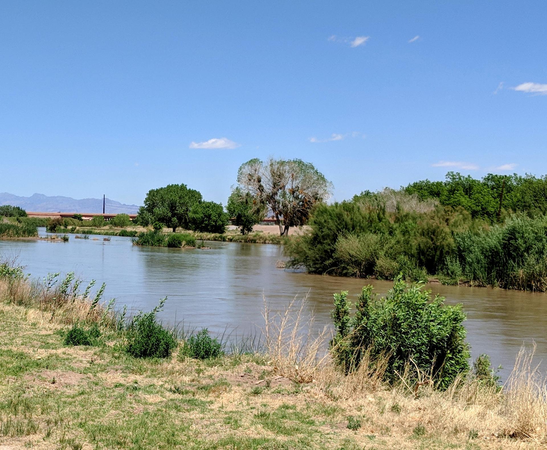 A wide river flows between lush green banks under a bright blue sky.
