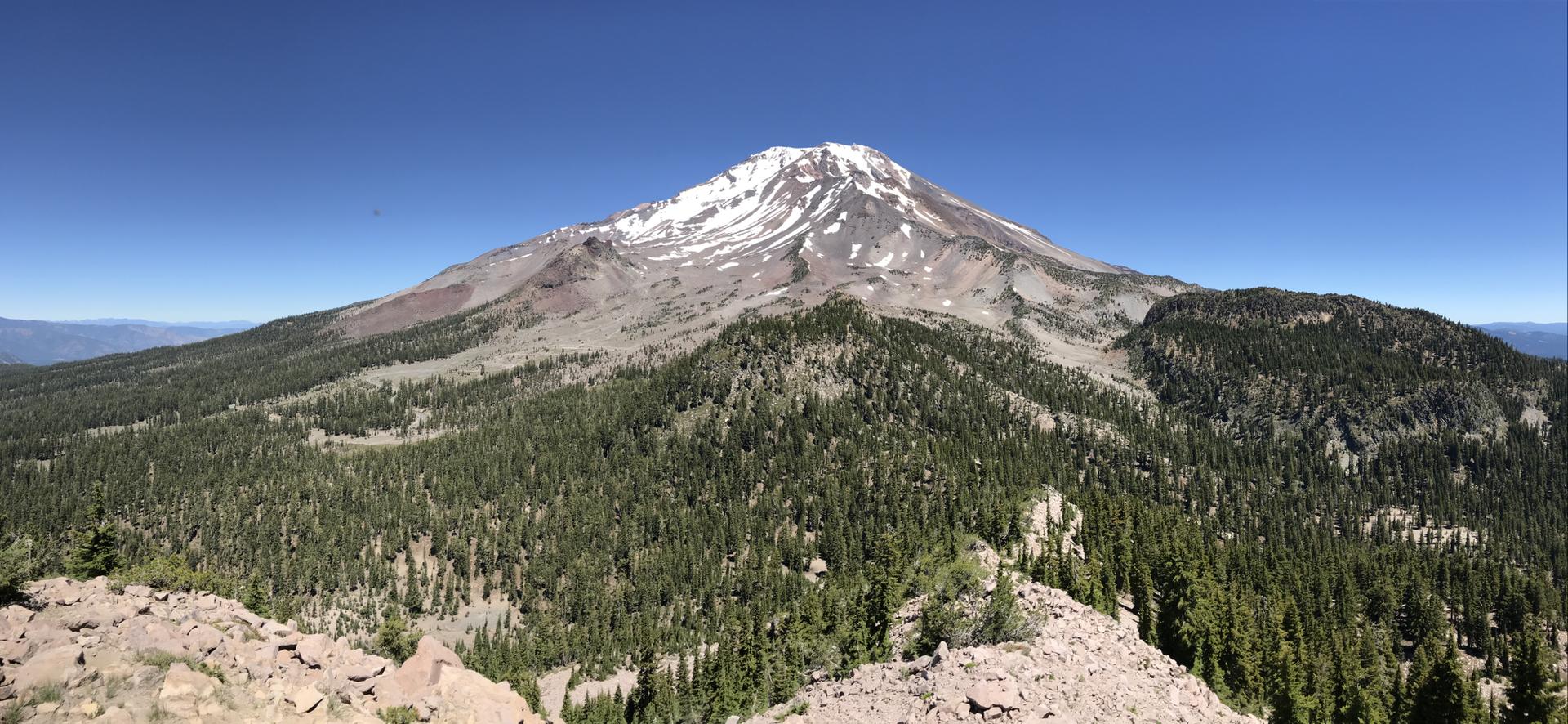 Majestic snow-capped mountain rising above dense green forests under a clear blue sky.