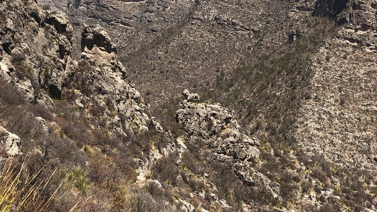 A rugged mountain slope covered in rocks and sparse dry vegetation under bright sun.